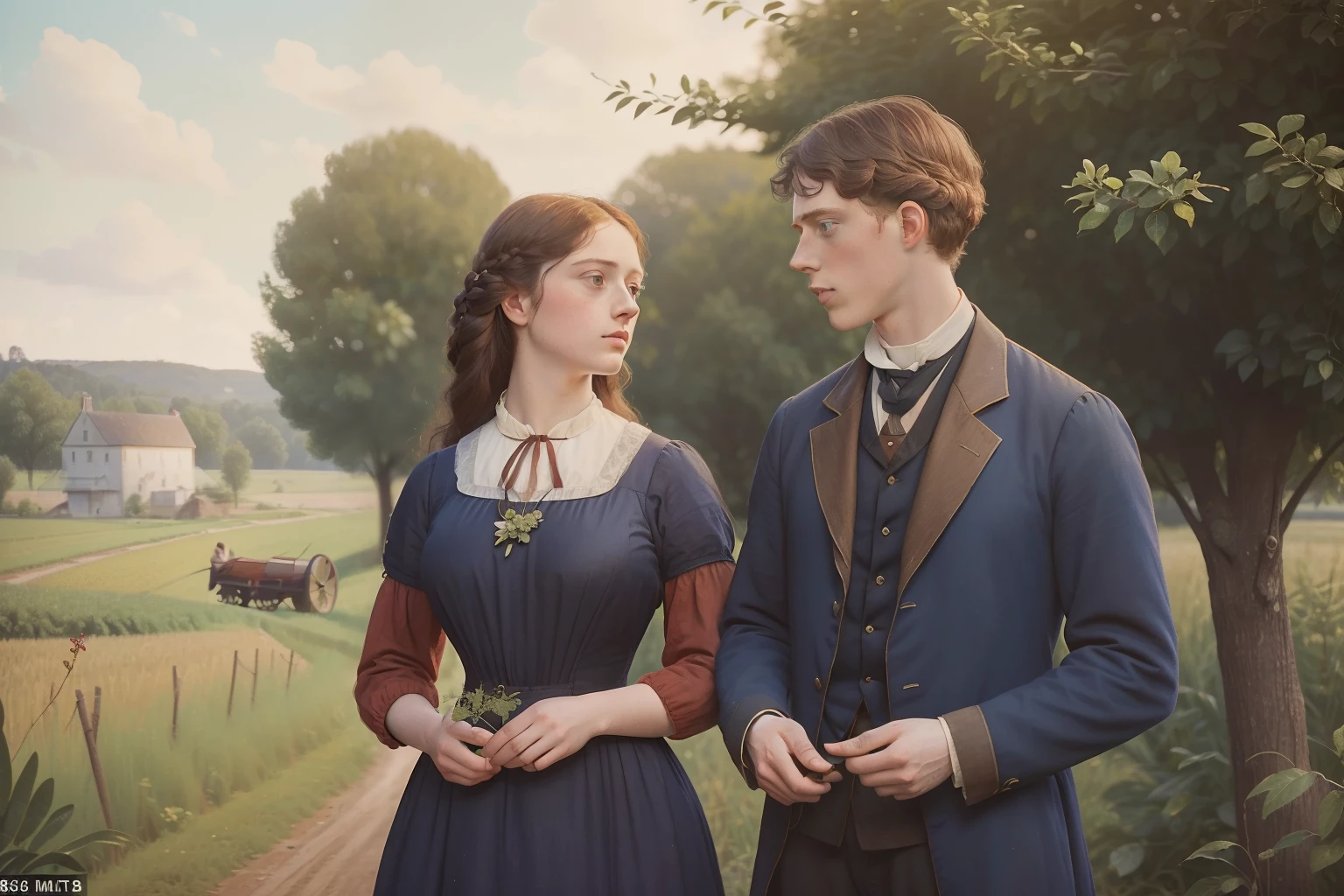 year: 1864. Location: Rock Island, Illinois. Pre-Raphaelite (((21-year-old George MacKay))), with a 24-year-old woman, fruit trees, farm, ((((rural Clothing from the 1860s)))) ((Hairstyle of the 1860s)), ((("OMITB" cinematography)))