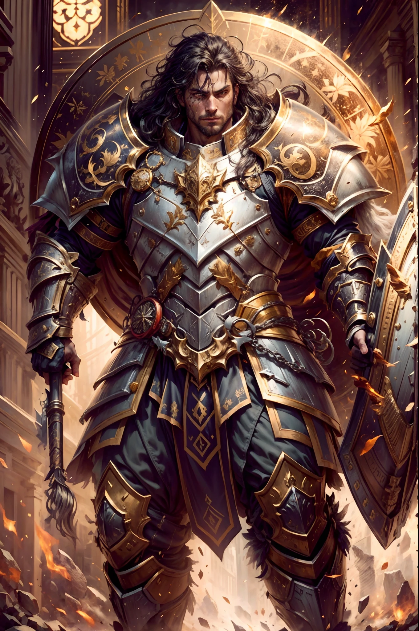 highres,best quality,portrait,handsome man holding a white and gold shield,armor,hero theme,golden accents,shine and reflections on the shield,exquisite details on the shield,elaborate engravings,heroic pose,vibrant colors,strong and confident expression,dramatic lighting,battlescene background,worn armor with battle scars,emblem on the shield ,fierce gaze,rippling muscles,shadows and highlights on the armor,textured surface on the shield.