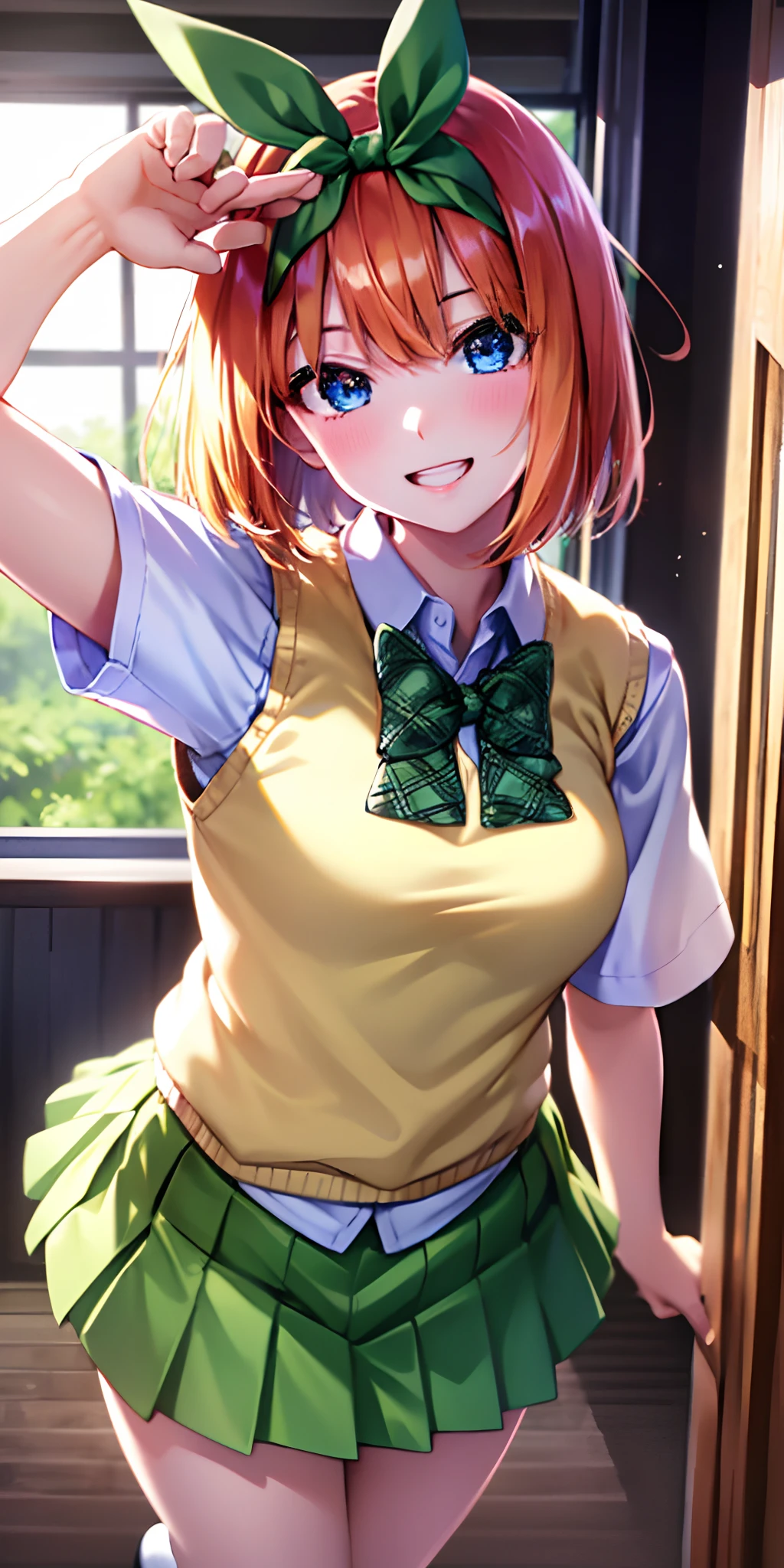 yotsubanakano, yotsuba nakano, bangs, short hair, blue eyes, hair between eyes, hair ribbon, hairband, orange hair, green ribbon,
BREAK skirt, shirt, bow, ribbon, school uniform, white shirt, short sleeves, pleated skirt, shoes, socks, collared shirt, miniskirt, bowtie, black footwear, kneehighs, green skirt, black socks, loafers, green bow, sweater vest, green ribbon, (yellow sweater vest:1.5),
BREAK looking at viewer,
BREAK indoors, classroom,
BREAK ultra-detailed, best quality, high resolution, unity 8k wallpaper, extremely detailed CG, (beautiful detailed eyes:1.6), extremely detailed face, perfect lighting, extremely detailed CG, (perfect hands, perfect anatomy),
happy smile, laugh, grin,white teeth, wide-eyed, dynamic pose, head tilt, from above, looking up at viewer,