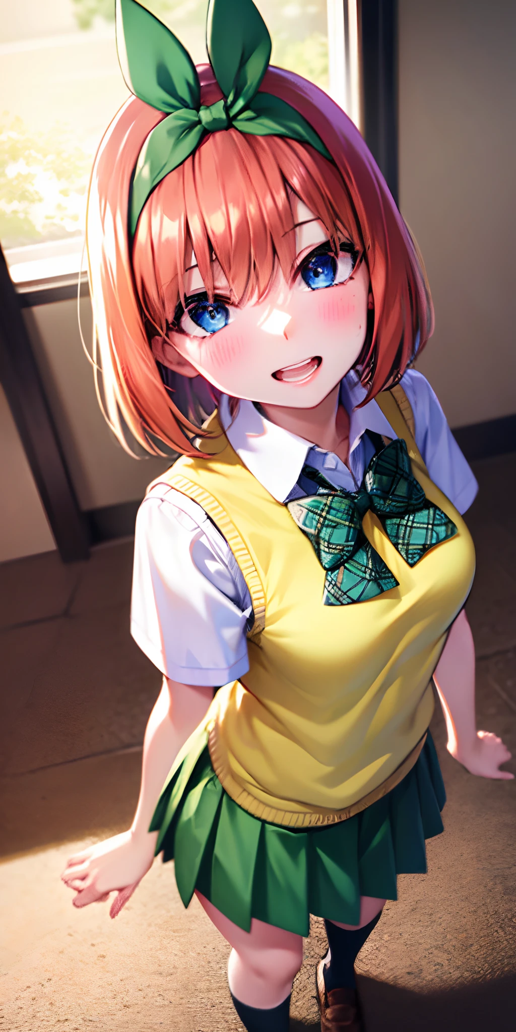 yotsubanakano, yotsuba nakano, bangs, short hair, blue eyes, hair between eyes, hair ribbon, hairband, orange hair, green ribbon,
BREAK skirt, shirt, bow, ribbon, school uniform, white shirt, short sleeves, pleated skirt, shoes, socks, collared shirt, miniskirt, bowtie, black footwear, kneehighs, green skirt, black socks, loafers, green bow, sweater vest, green ribbon, (yellow sweater vest:1.5),
BREAK looking at viewer,
BREAK indoors, classroom,
BREAK ultra-detailed, best quality, high resolution, unity 8k wallpaper, extremely detailed CG, (beautiful detailed eyes:1.6), extremely detailed face, perfect lighting, extremely detailed CG, (perfect hands, perfect anatomy),
happy smile, laugh, grin,white teeth, wide-eyed, dynamic pose, head tilt, from above, looking up at viewer,