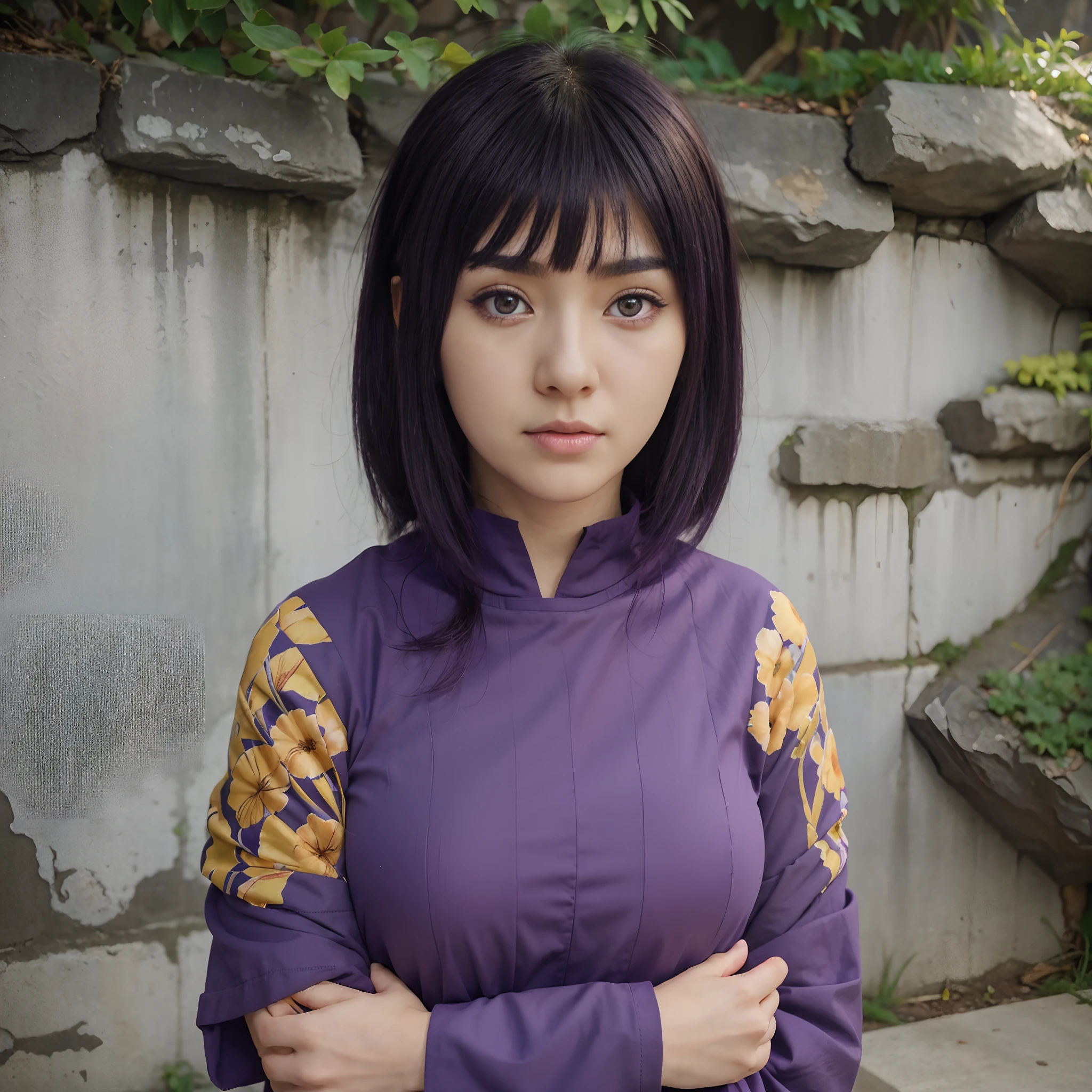 1. Hinata Hyuga realistic with hair bangs and white eyes wearing purple clothes with flower motif on her sleeve very perfect