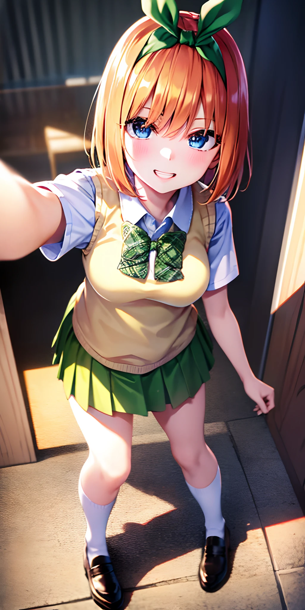 masterpiece, best quality, erwindef, 1girl, blonde hair, dark brown eyes, solo, small medium breasts, naked body, nude, green skirt, topless, hat, standing frontally, casual pose, pov, looking at viewer, whole body can be seen, indoors, locker room, seductive smile, detailed hands, five fingers, female genitals
