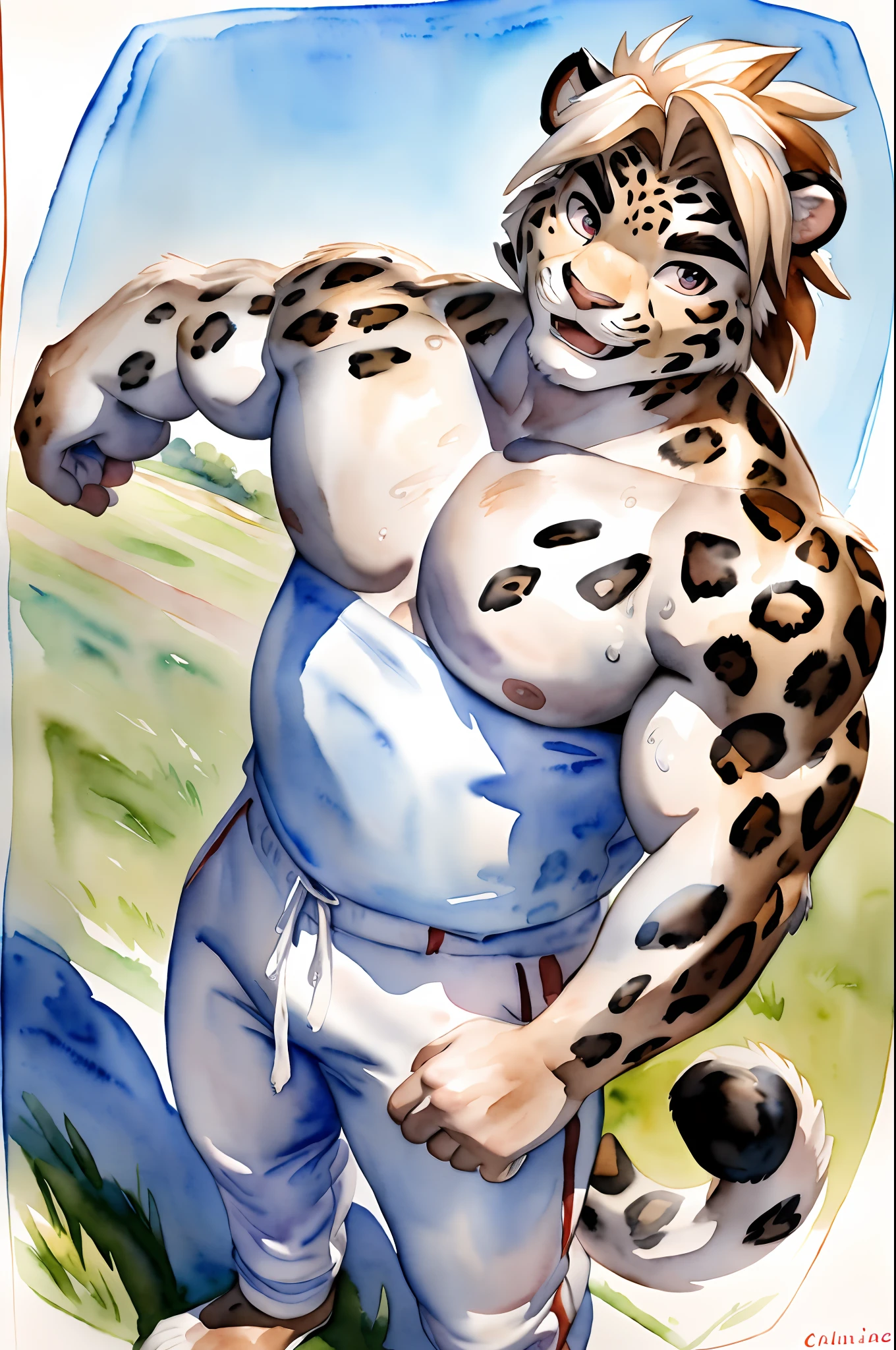 Hominidae, Pose for Camera. 4K, high resolution, Best quality, posted on e621, (Two anthropomorphic white leopards:1.2), Anthropomorphic leopard, male people, 20yr old, Thick eyebrows, White fur, shaggy, Strong body, large pecs, ((Shirtless)), They play softball together, Pink milk clusters, sweat leggs, White leggings sweatpants, on a grassy field, (sport, Muscular, Heavyweight:1.2), Correct anatomy, (White background, Watercolor background:1.1), (by Chunie, author:Taran Fidler:0.8), (Detailed eyes:1.2), Sexy, (cel-shaded:1.2), cartoon shading, (aquarelle:1.2), having fun, Be red in the face, (view the viewer:1.2), Look ahead