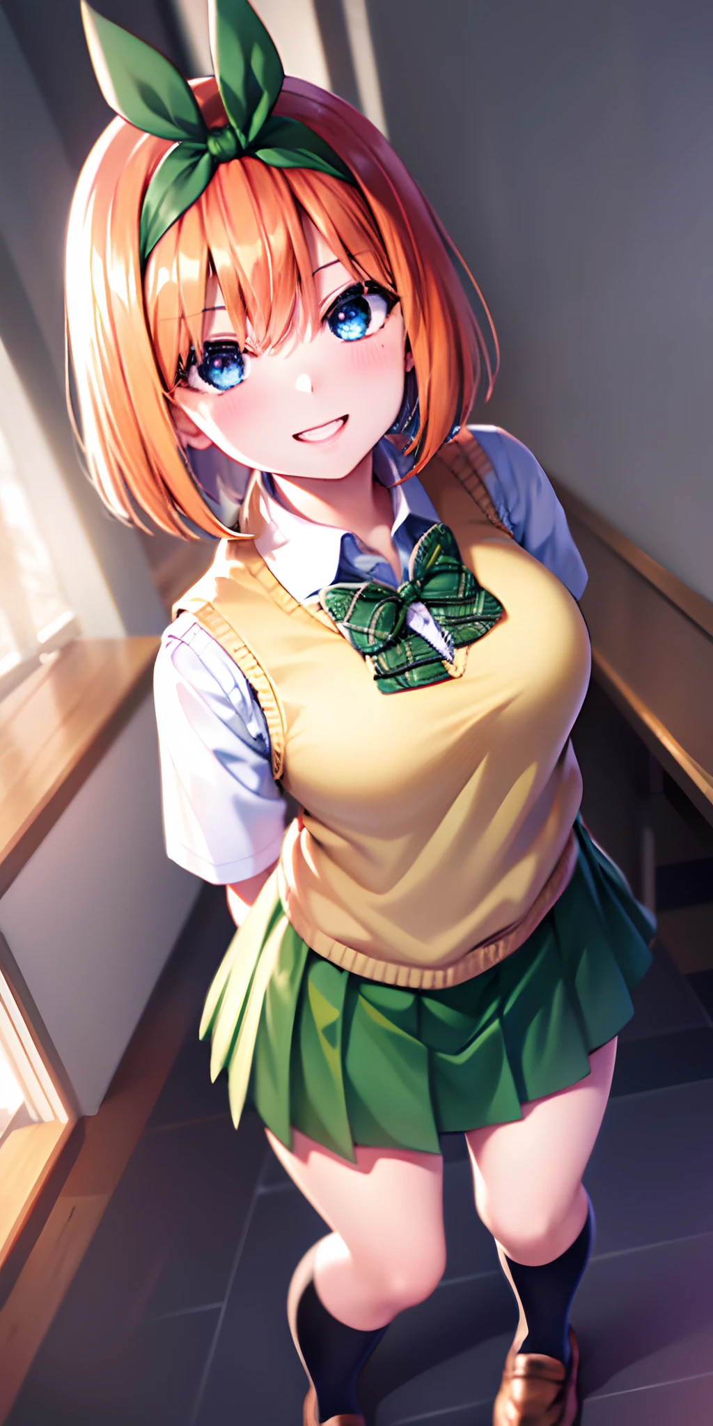 yotsubanakano, yotsuba nakano, bangs, short hair, blue eyes, hair between eyes, hair ribbon, hairband, orange hair, green ribbon,
BREAK skirt, shirt, bow, ribbon, school uniform, white shirt, short sleeves, pleated skirt, shoes, socks, collared shirt, miniskirt, bowtie, black footwear, kneehighs, green skirt, black socks, loafers, green bow, sweater vest, green ribbon, (yellow sweater vest:1.5),
BREAK looking at viewer,
BREAK indoors, classroom,
BREAK ultra-detailed, best quality, high resolution, unity 8k wallpaper, extremely detailed CG, (beautiful detailed eyes:1.6), extremely detailed face, perfect lighting, extremely detailed CG, (perfect hands, perfect anatomy),
happy smile, laugh, grin,white teeth, wide-eyed, dynamic pose, head tilt, from above, looking up at viewer,