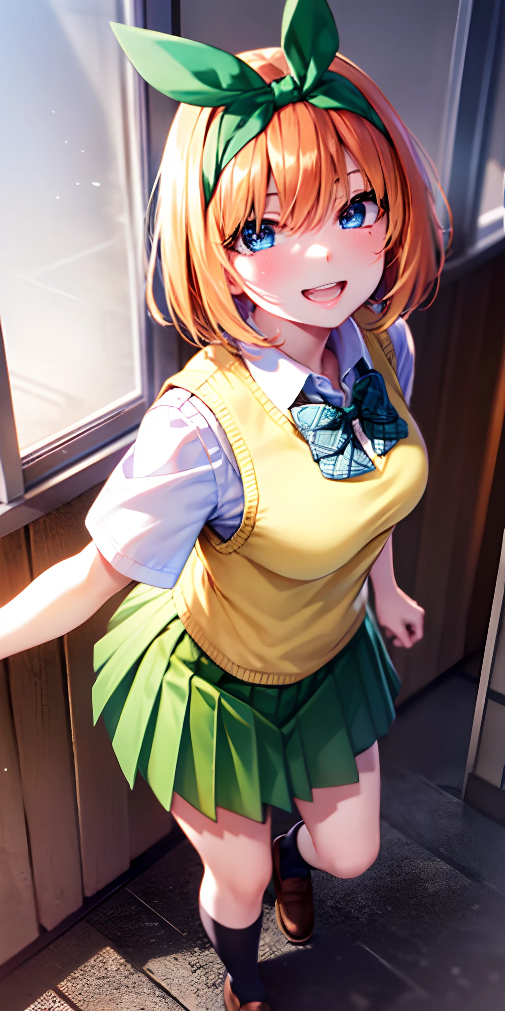 yotsubanakano, yotsuba nakano, bangs, short hair, blue eyes, hair between eyes, hair ribbon, hairband, orange hair, green ribbon,
BREAK skirt, shirt, bow, ribbon, school uniform, white shirt, short sleeves, pleated skirt, shoes, socks, collared shirt, miniskirt, bowtie, black footwear, kneehighs, green skirt, black socks, loafers, green bow, sweater vest, green ribbon, (yellow sweater vest:1.5),
BREAK looking at viewer,
BREAK indoors, classroom,
BREAK ultra-detailed, best quality, high resolution, unity 8k wallpaper, extremely detailed CG, (beautiful detailed eyes:1.6), extremely detailed face, perfect lighting, extremely detailed CG, (perfect hands, perfect anatomy),
happy smile, laugh, grin,white teeth, wide-eyed, dynamic pose, head tilt, from above, looking up at viewer,