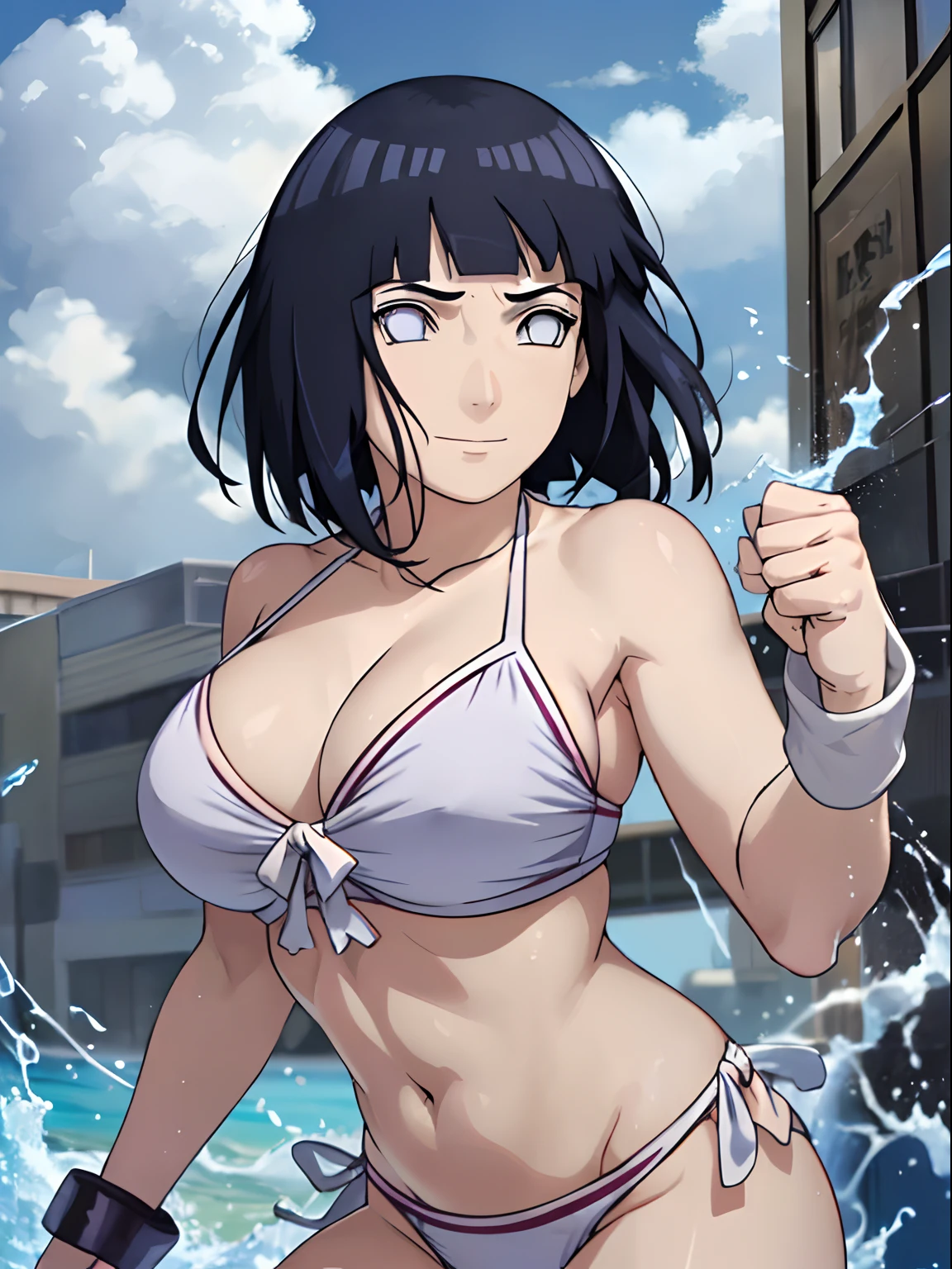 wind effect, flexing  muscles, cloud background, anime style, cute , beautiful mother, nice body, soft body, long belly, (hinata\(boruto\), (female wrestler), (slender body), mature woman , broad shoulders, off-shoulders, (transparent bikini, white bikini only,  pro wrestling outfit, bangles), smile, closed mouth, pale skin, cute, smile, (dark blue hair color:1.1), wavy hair, floating hair, ((short hair, hime cut, loose hair), big breasts, (only one arm stretching), long belly, (closed fists), , (perfect eyes, white sciera, bright eyes, white eyes, anime eyes)