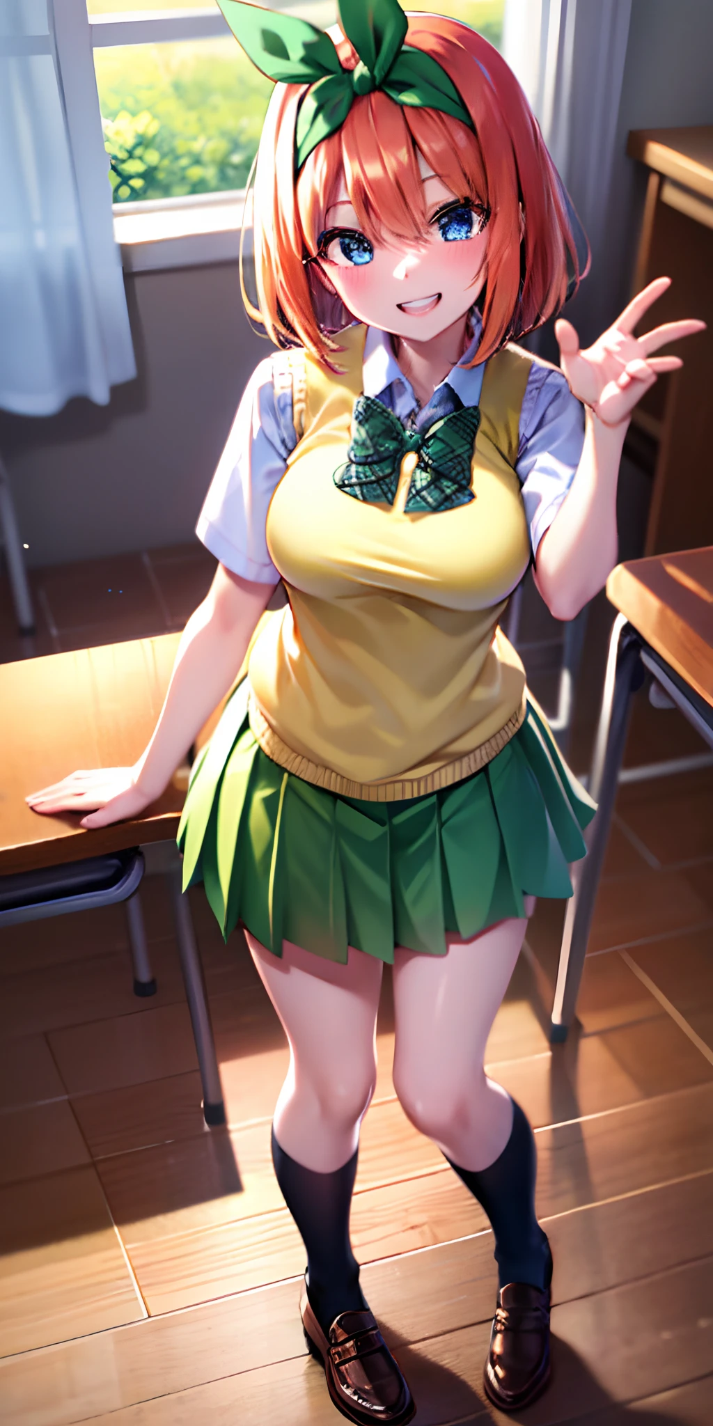 yotsubanakano, yotsuba nakano, bangs, short hair, blue eyes, hair between eyes, hair ribbon, hairband, orange hair, green ribbon,
BREAK skirt, shirt, bow, ribbon, school uniform, white shirt, short sleeves, pleated skirt, shoes, socks, collared shirt, miniskirt, bowtie, black footwear, kneehighs, green skirt, black socks, loafers, green bow, sweater vest, green ribbon, (yellow sweater vest:1.5),
BREAK looking at viewer,
BREAK indoors, classroom,
BREAK ultra-detailed, best quality, high resolution, unity 8k wallpaper, extremely detailed CG, (beautiful detailed eyes:1.6), extremely detailed face, perfect lighting, extremely detailed CG, (perfect hands, perfect anatomy),
happy smile, laugh, grin,white teeth, wide-eyed, dynamic pose, head tilt,