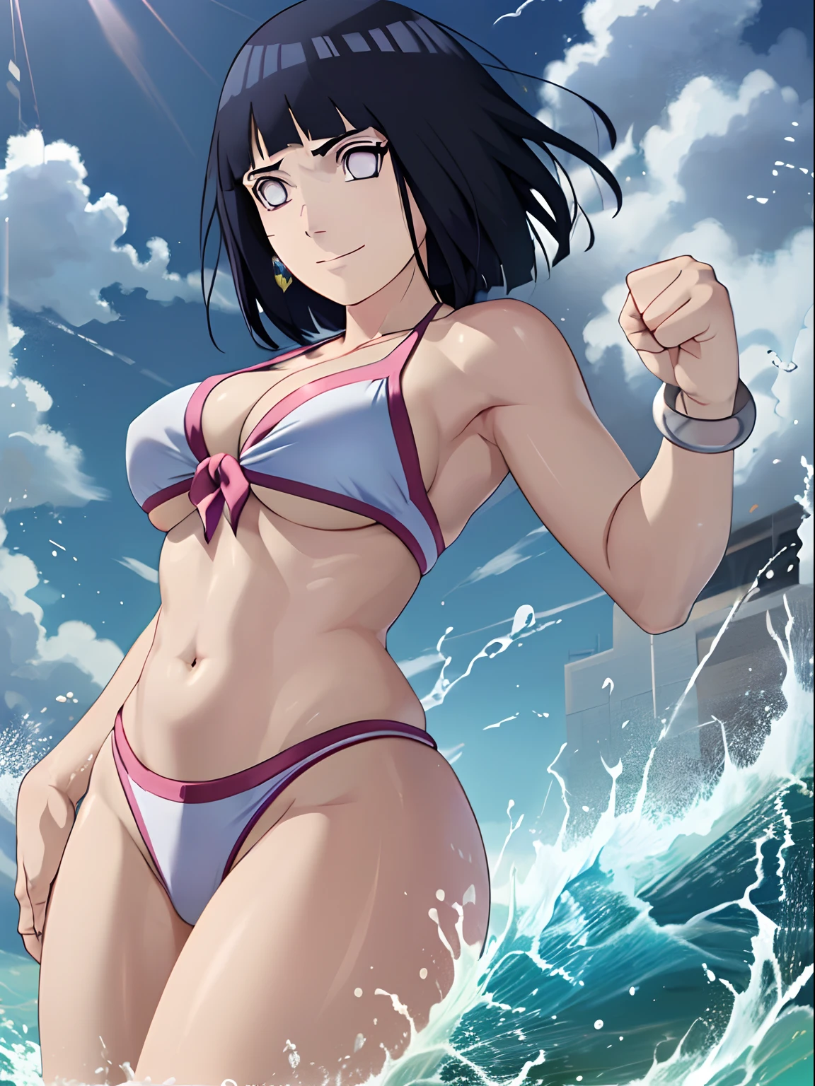 wind effect, flexing arm muscles, cloud background, anime style, cute , beautiful mother, nice body, soft body, long belly, (hinata\(boruto\), (female wrestler), (slender body), mature woman , broad shoulders, off-shoulders, (transparent bikini, white bikini only,  pro wrestling outfit, bangles), smile, closed mouth, pale skin, cute, smile, (dark blue hair color:1.1), wavy hair, floating hair, ((short hair, hime cut, loose hair), big breasts, (only one arm stretching), long belly, (closed fists), , (perfect eyes, white sciera, bright eyes, white eyes, anime eyes)