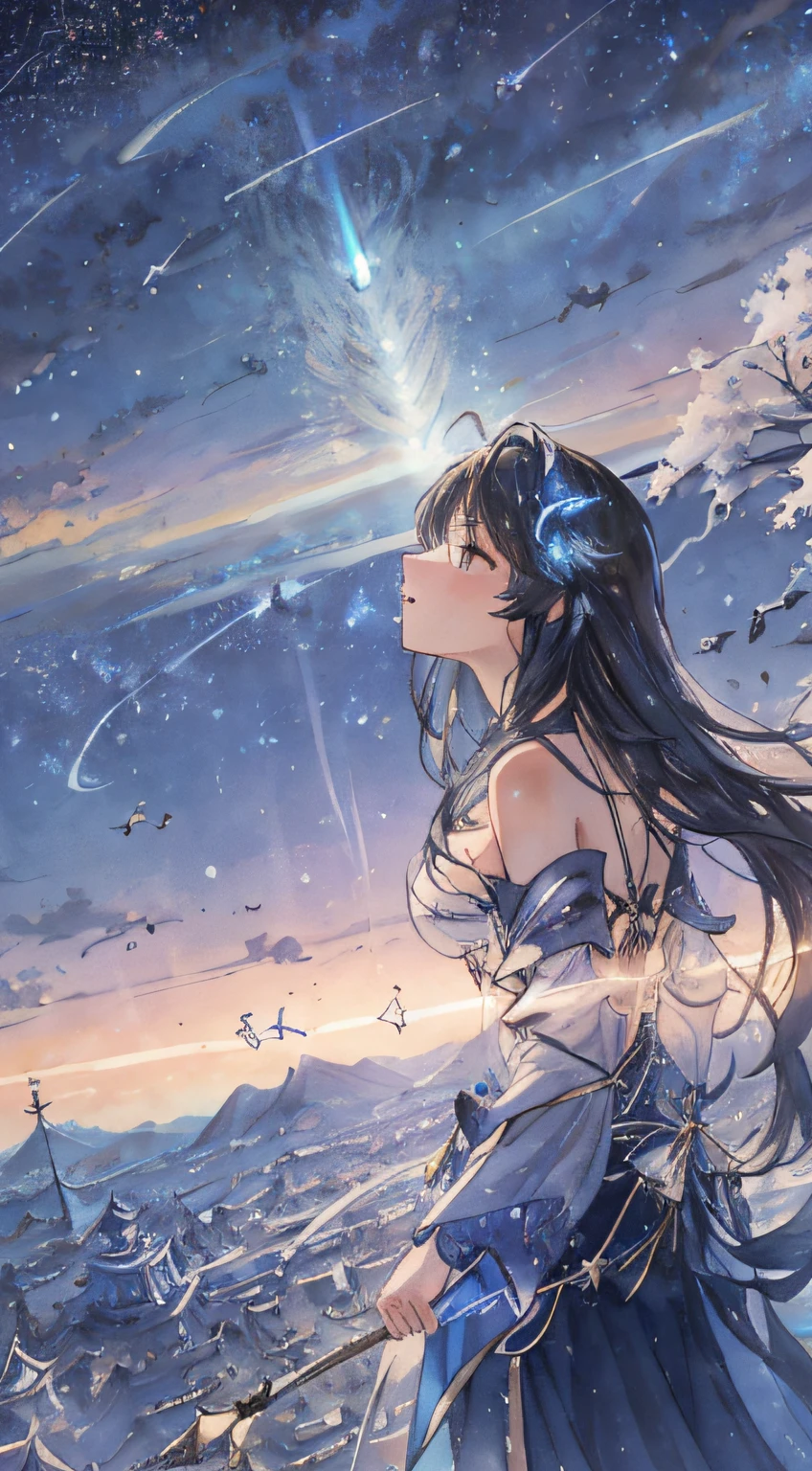 Faraway view、landscapes、Outrageous resolution、with light glowing、Near Future City、Clearing the blue sky、lots of bright stars々、beautiful lighting、clear lighting、Soft lighting、Many bright magic lights、Stars falling from the sky,Meteor swarm、a beauty girl、master piece, silber hair, crystal, Meteor swarm