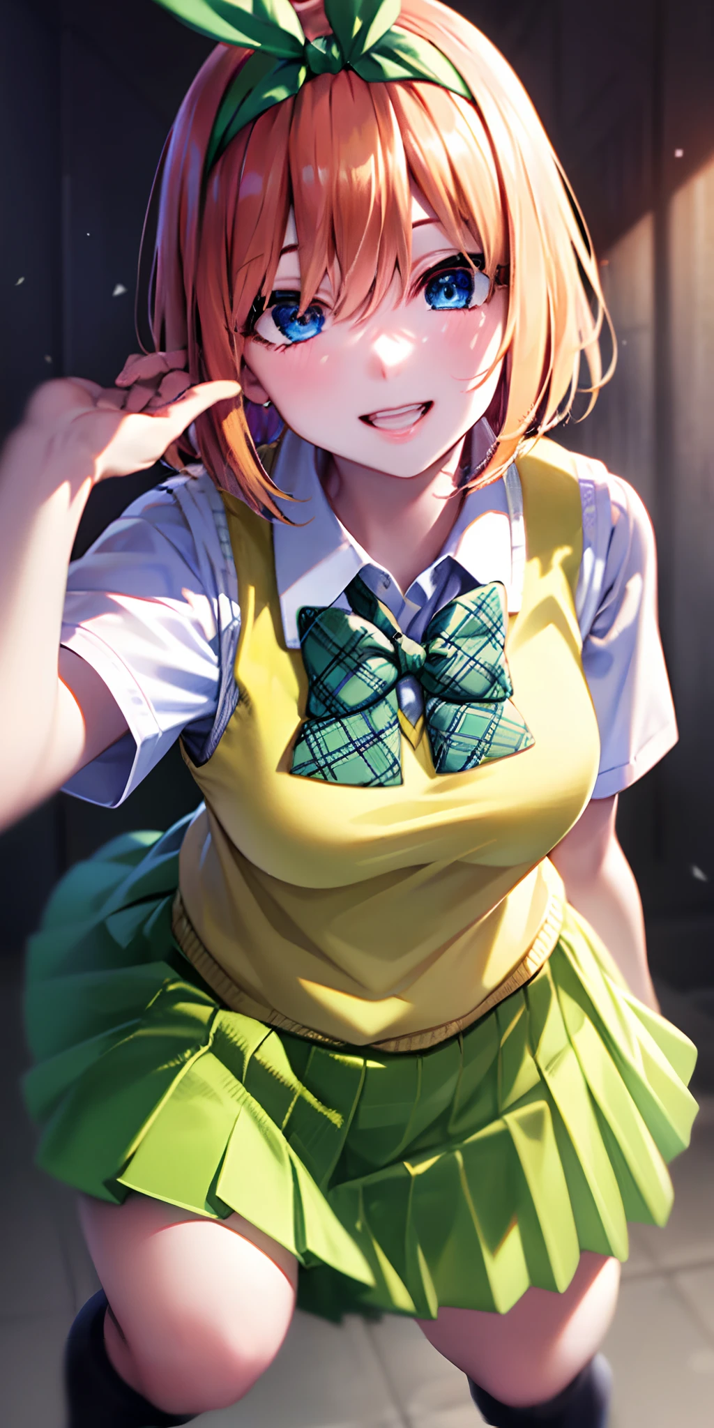 yotsubanakano, yotsuba nakano, bangs, short hair, blue eyes, hair between eyes, hair ribbon, hairband, orange hair, green ribbon,
BREAK skirt, shirt, bow, ribbon, school uniform, white shirt, short sleeves, pleated skirt, shoes, socks, collared shirt, miniskirt, bowtie, black footwear, kneehighs, green skirt, black socks, loafers, green bow, sweater vest, green ribbon, (yellow sweater vest:1.5),
BREAK looking at viewer,
BREAK indoors, classroom,
BREAK ultra-detailed, best quality, high resolution, unity 8k wallpaper, extremely detailed CG, (beautiful detailed eyes:1.6), extremely detailed face, perfect lighting, extremely detailed CG, (perfect hands, perfect anatomy),
happy smile, laugh, grin,white teeth, wide-eyed, dynamic pose, head tilt, from above, looking up at viewer,