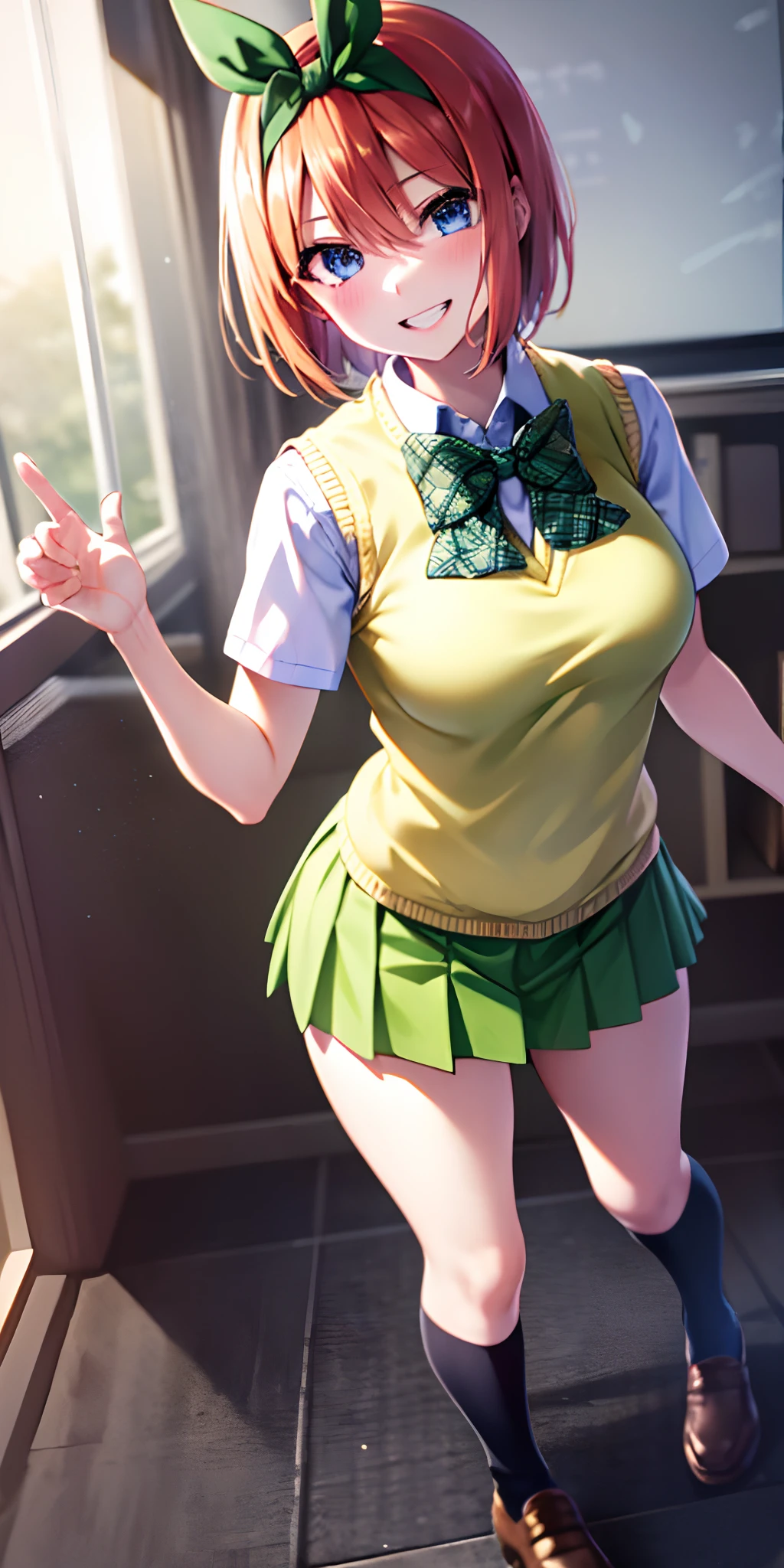yotsubanakano, yotsuba nakano, bangs, short hair, blue eyes, hair between eyes, hair ribbon, hairband, orange hair, green ribbon,
BREAK skirt, shirt, bow, ribbon, school uniform, white shirt, short sleeves, pleated skirt, shoes, socks, collared shirt, miniskirt, bowtie, black footwear, kneehighs, green skirt, black socks, loafers, green bow, sweater vest, green ribbon, (yellow sweater vest:1.5),
BREAK looking at viewer,
BREAK indoors, classroom,
BREAK ultra-detailed, best quality, high resolution, unity 8k wallpaper, extremely detailed CG, (beautiful detailed eyes:1.6), extremely detailed face, perfect lighting, extremely detailed CG, (perfect hands, perfect anatomy),
happy smile, laugh, grin,white teeth, wide-eyed, pigeon toed, head tilt, from below, skirt lift by myself, showing panties, standing, turn knees out, bend knees,