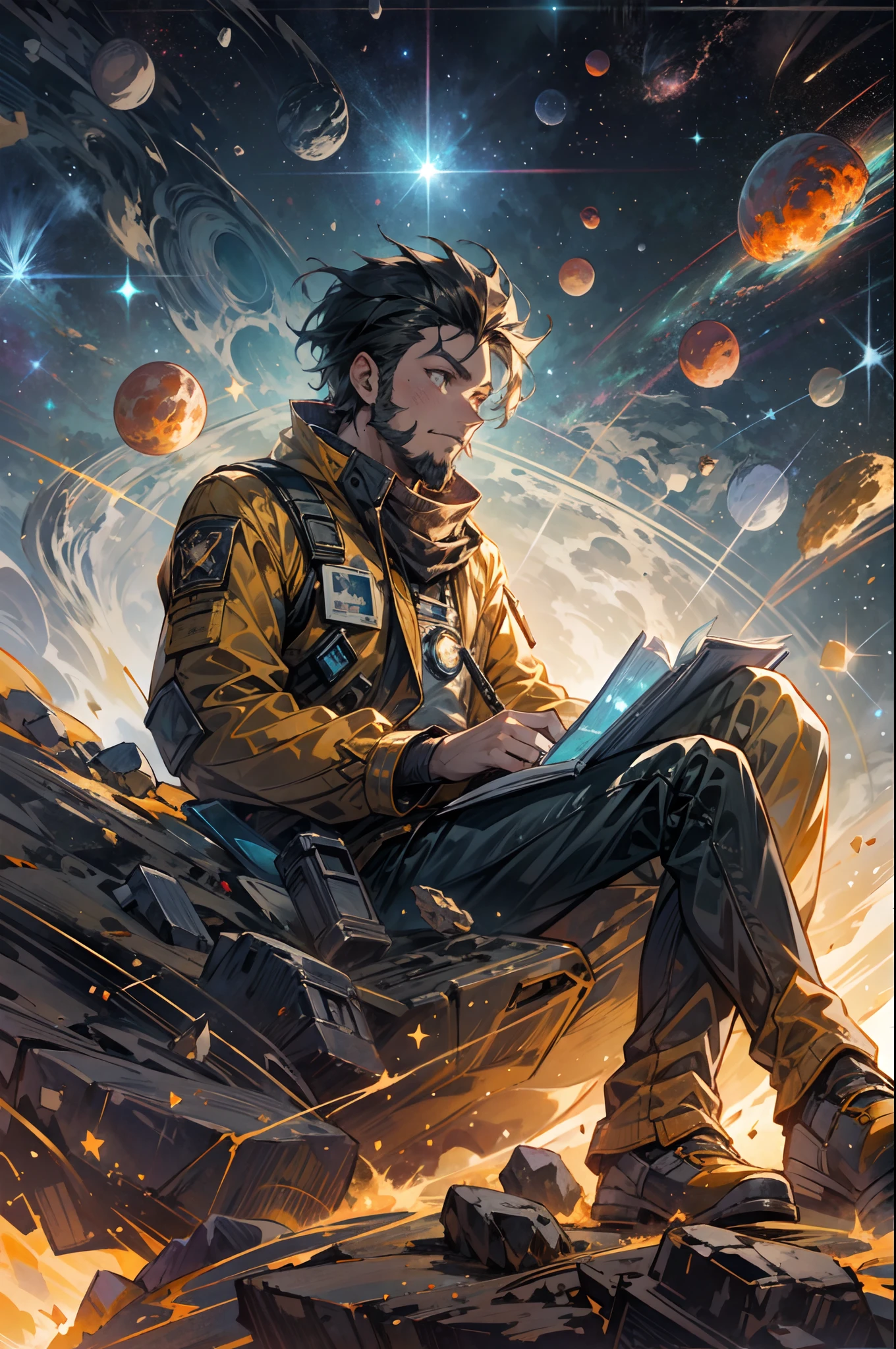 Draw a young programmer, sitting on a research platform floating in the middle of an asteroid belt. He is studying with a notebook, surrounded by several asteroids glowing with fiery auras. Dramatic lighting from distant stars and planets illuminates the scene, casting deep shadows on the suit. The young man looks confident and determined, looking at the vast and mysterious universe with wonder and respect,facial hair, cowboy shot,