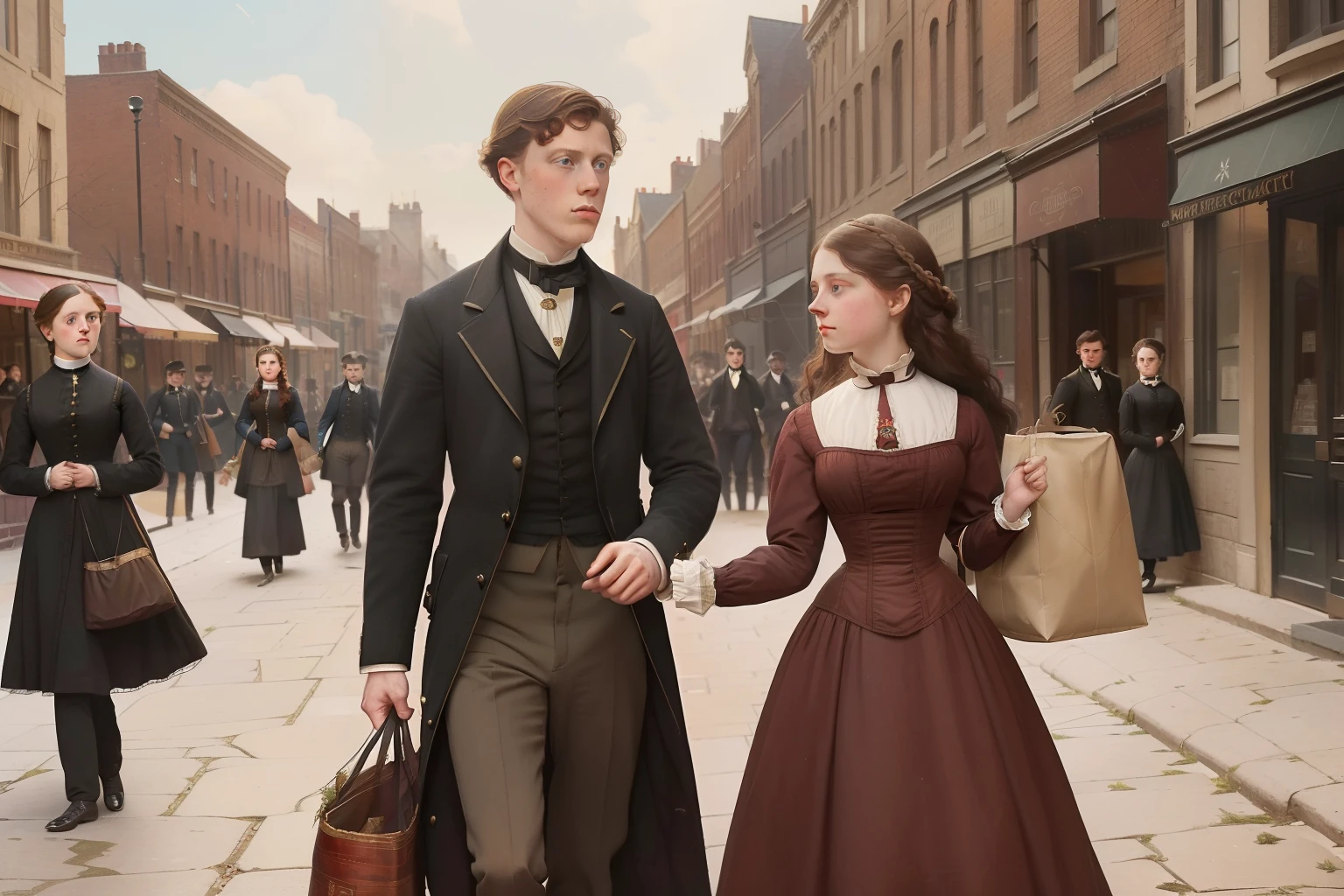 year: 1864. Location: Chicago. Pre-Raphaelite (((21-year-old George MacKay))), with a 24-year-old woman, street full of shops, bags and packages, ((((Clothing from the 1860s)))) ((Hairstyle of the 1860s)), ((("OMITB" cinematography)))