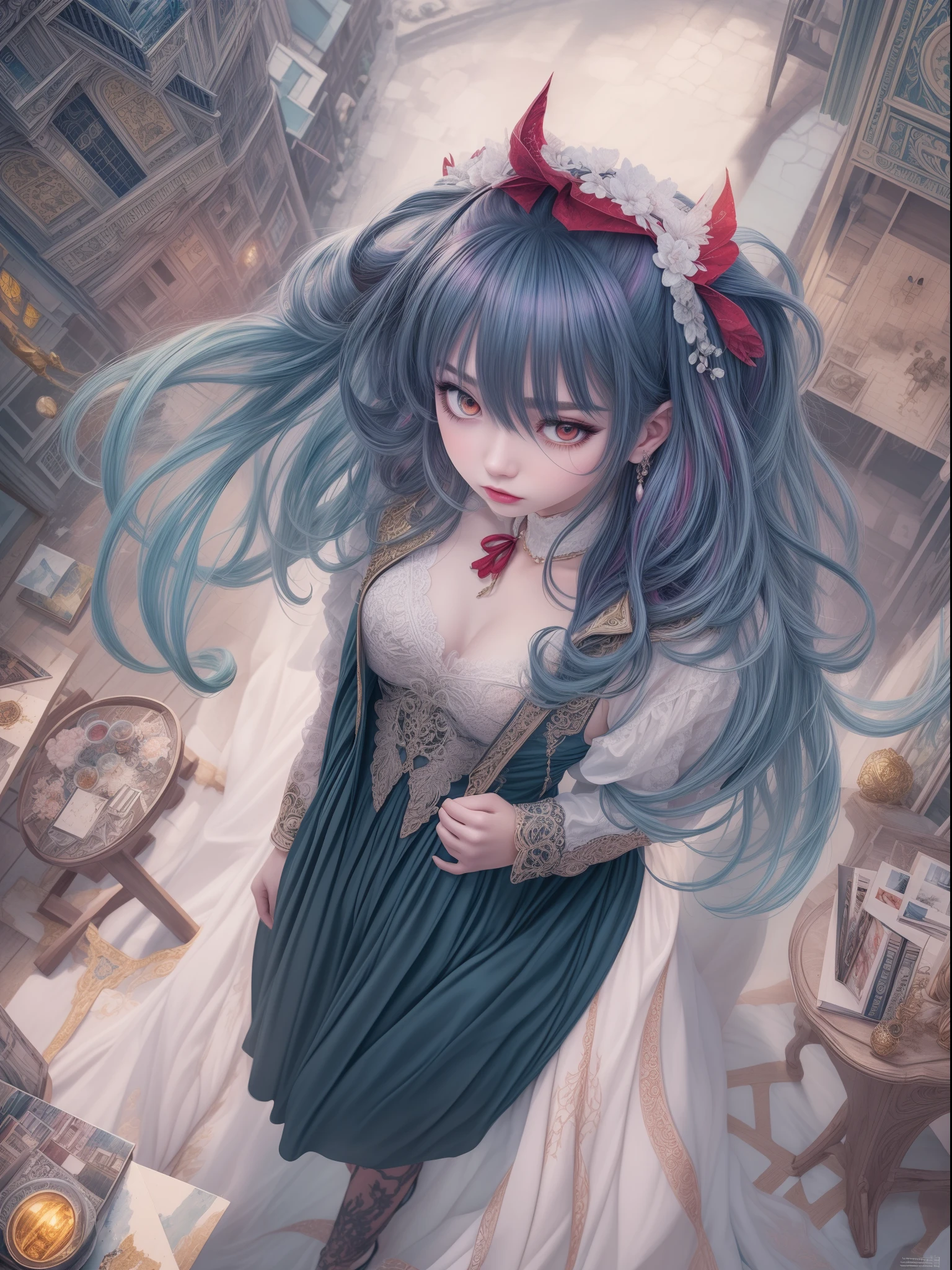 (masterpiece:1.4), (best quality:1.4), extremely detailed, intricate, hyper detailed, illustration,soft lighting, scenic, 1girl, disgust, Navy blue hair, colorful, colorized, from_above ,vampire_costume , runway