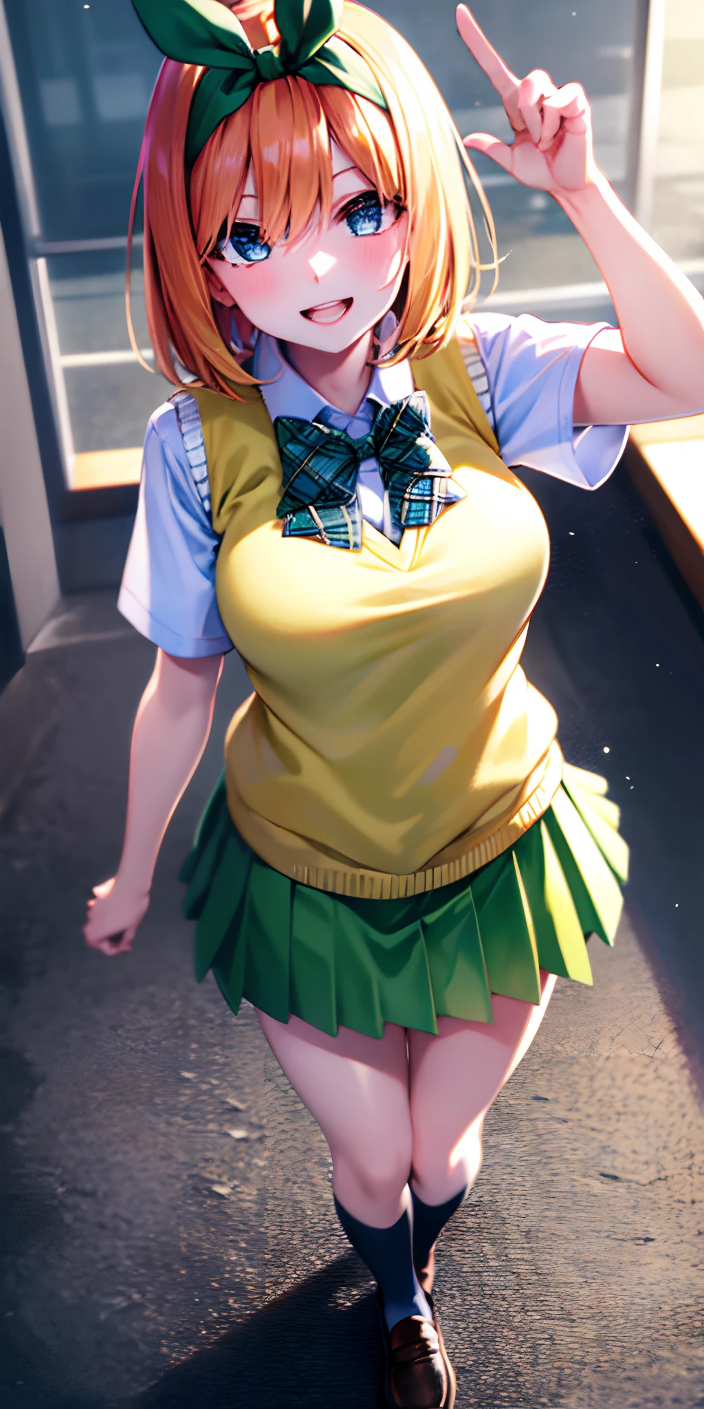 best quality,1girl,((big breasts:1.1)),orgasm,blush,sweat,steam,yotsuba nakano, bangs, short hair, blue eyes, hair between eyes, hair ribbon, hairband, orange hair, (green ribbon:1.5),((school uniform, white shirt, green skirt, mini skirt, white thighhighs,green panties,striped panties:1.1)),garden,walking,pussy juice