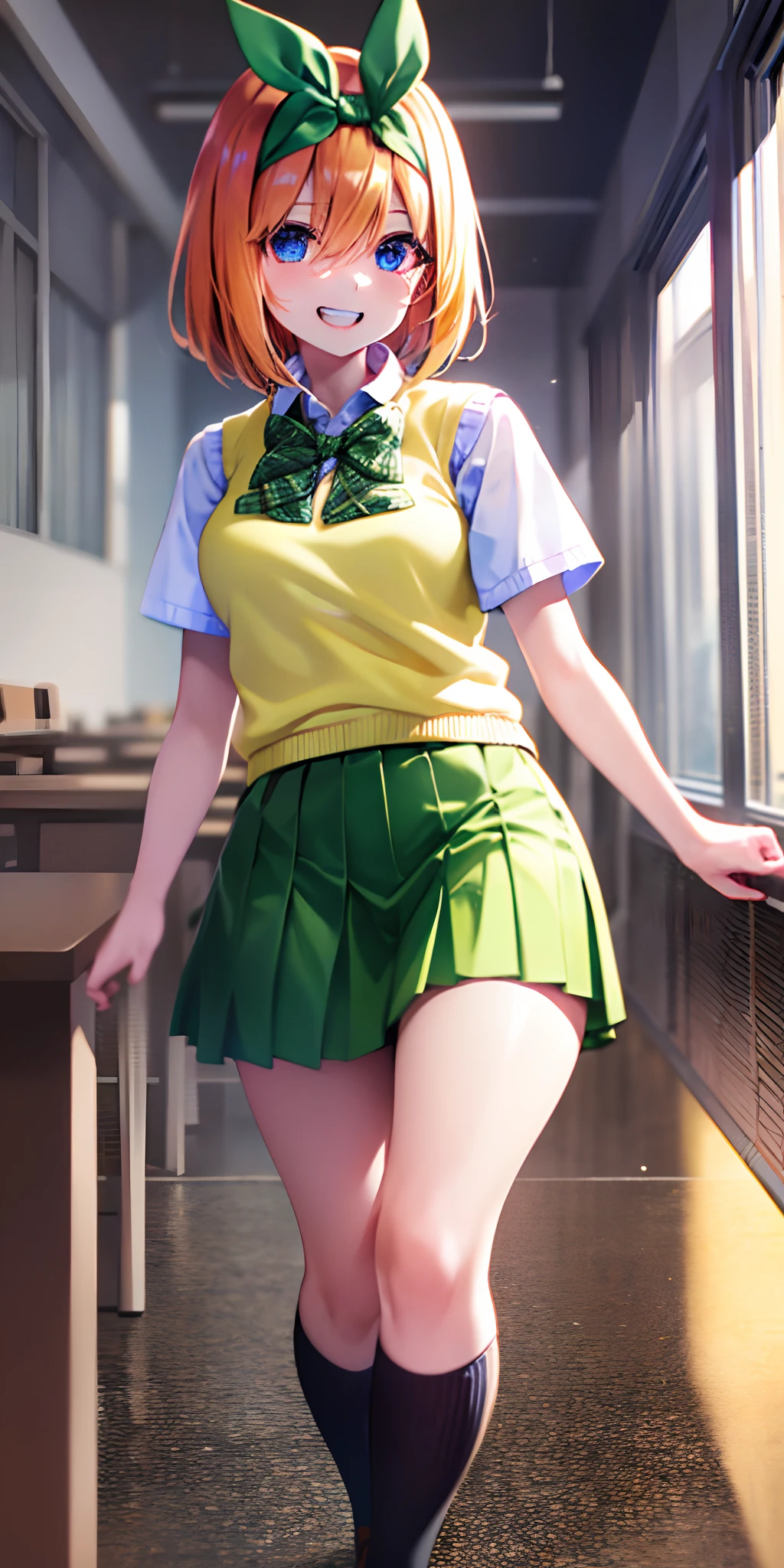 yotsubanakano, yotsuba nakano, bangs, short hair, blue eyes, hair between eyes, hair ribbon, hairband, orange hair, green ribbon,
BREAK skirt, shirt, bow, ribbon, school uniform, white shirt, short sleeves, pleated skirt, shoes, socks, collared shirt, miniskirt, bowtie, black footwear, kneehighs, green skirt, black socks, loafers, green bow, sweater vest, green ribbon, (yellow sweater vest:1.5),
BREAK looking at viewer,
BREAK indoors, classroom,
BREAK ultra-detailed, best quality, high resolution, unity 8k wallpaper, extremely detailed CG, (beautiful detailed eyes:1.6), extremely detailed face, perfect lighting, extremely detailed CG, (perfect hands, perfect anatomy),
happy smile, laugh, grin,white teeth, wide-eyed, pigeon toed, head tilt, from below, skirt lift by myself, showing panties,