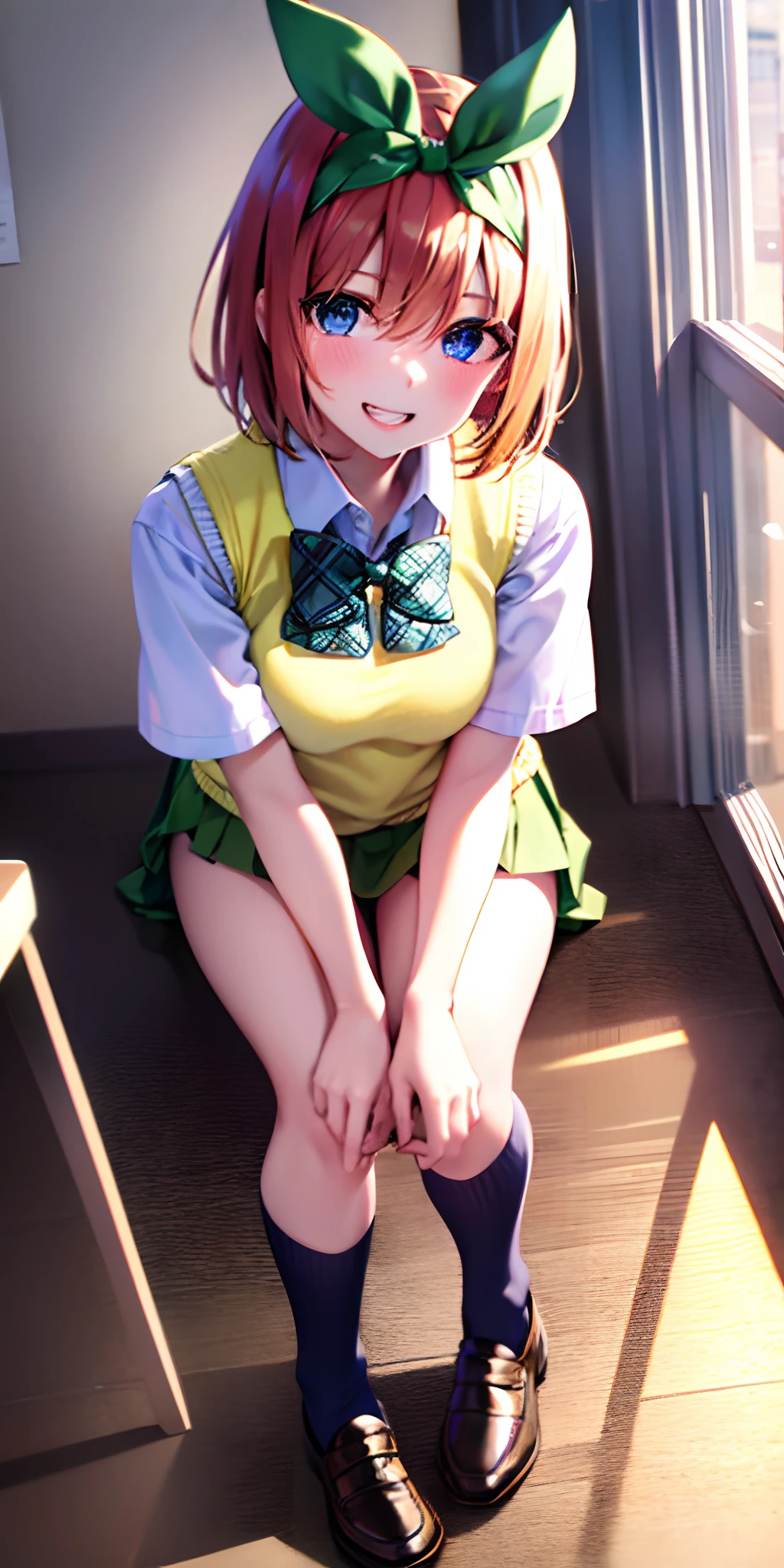yotsubanakano, yotsuba nakano, bangs, short hair, blue eyes, hair between eyes, hair ribbon, hairband, orange hair, green ribbon,
BREAK skirt, shirt, bow, ribbon, school uniform, white shirt, short sleeves, pleated skirt, shoes, socks, collared shirt, miniskirt, bowtie, black footwear, kneehighs, green skirt, black socks, loafers, green bow, sweater vest, green ribbon, (yellow sweater vest:1.5),
BREAK looking at viewer,
BREAK indoors, classroom,
BREAK ultra-detailed, best quality, high resolution, unity 8k wallpaper, extremely detailed CG, (beautiful detailed eyes:1.6), extremely detailed face, perfect lighting, extremely detailed CG, (perfect hands, perfect anatomy),
happy smile, laugh, grin,white teeth, wide-eyed, dynamic pose, head tilt,