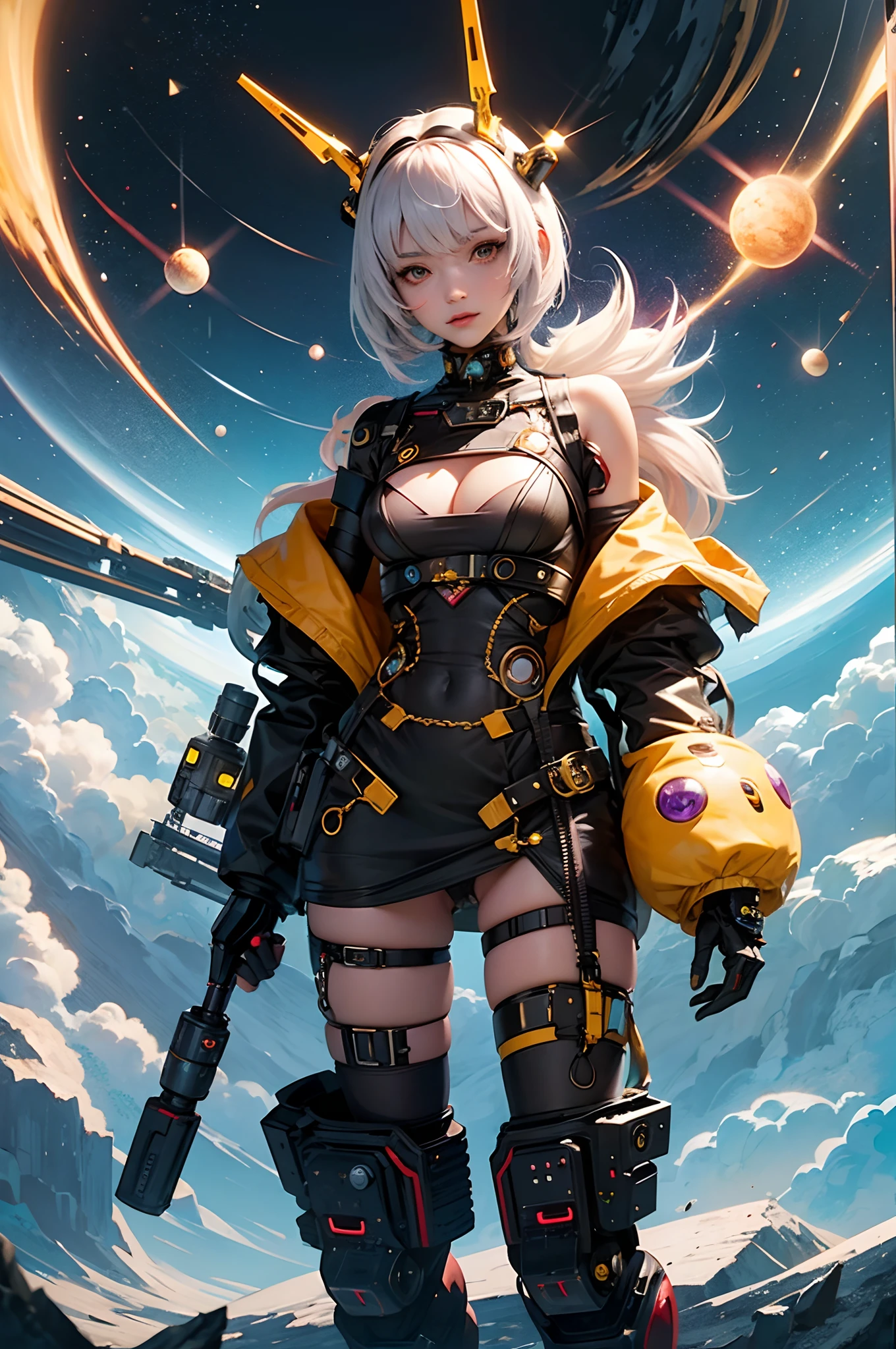 A fantz monster design, Cute robots in space [style-rustmagic]，female robot，Half-human, Cyborgs，Work on the space station，