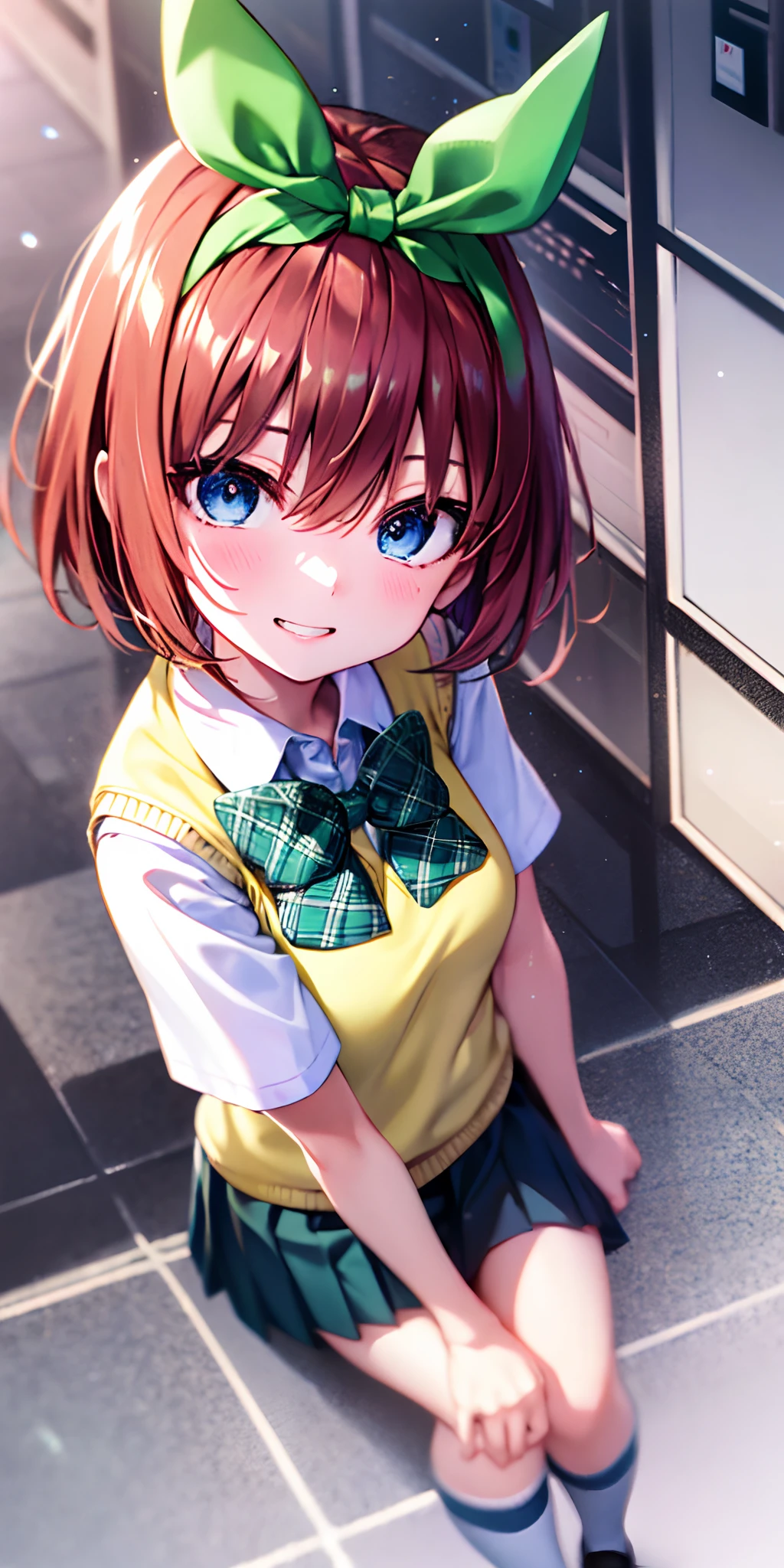 yotsubanakano, yotsuba nakano, bangs, short hair, blue eyes, hair between eyes, hair ribbon, hairband, orange hair, green ribbon,
BREAK skirt, shirt, bow, ribbon, school uniform, white shirt, short sleeves, pleated skirt, shoes, socks, collared shirt, miniskirt, bowtie, black footwear, kneehighs, green skirt, black socks, loafers, green bow, sweater vest, green ribbon, (yellow sweater vest:1.5),
BREAK looking at viewer,
BREAK indoors, classroom,
BREAK ultra-detailed, best quality, high resolution, unity 8k wallpaper, extremely detailed CG, (beautiful detailed eyes:1.6), extremely detailed face, perfect lighting, extremely detailed CG, (perfect hands, perfect anatomy),
happy smile, laugh, grin,white teeth, wide-eyed, dynamic pose, head tilt, from above, looking up at viewer,