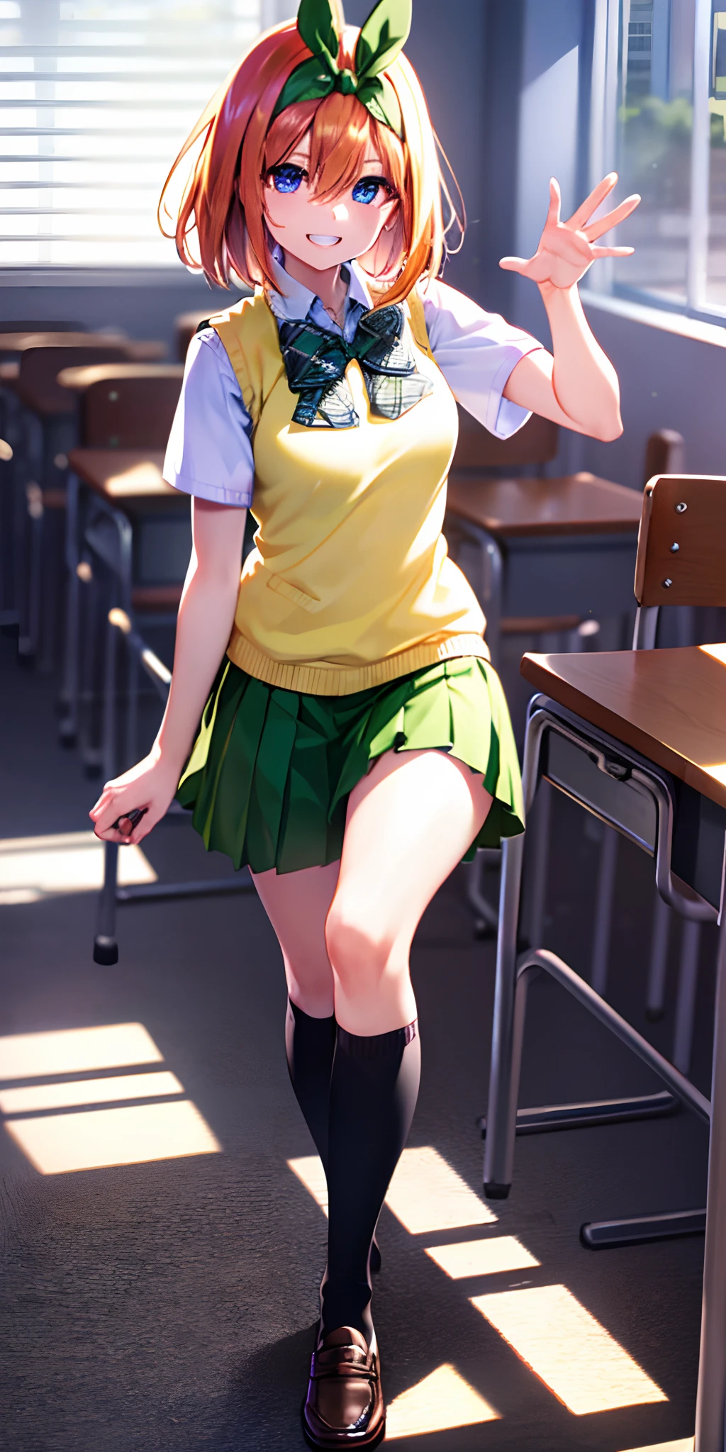 yotsubanakano, yotsuba nakano, bangs, short hair, blue eyes, hair between eyes, hair ribbon, hairband, orange hair, green ribbon,
BREAK skirt, shirt, bow, ribbon, school uniform, white shirt, short sleeves, pleated skirt, shoes, socks, collared shirt, miniskirt, bowtie, black footwear, kneehighs, green skirt, black socks, loafers, green bow, sweater vest, green ribbon, (yellow sweater vest:1.5),
BREAK looking at viewer,
BREAK indoors, classroom,
BREAK ultra-detailed, best quality, high resolution, unity 8k wallpaper, extremely detailed CG, (beautiful detailed eyes:1.6), extremely detailed face, perfect lighting, extremely detailed CG, (perfect hands, perfect anatomy),
happy smile, laugh, grin,white teeth, wide-eyed, dynamic pose, head tilt,
