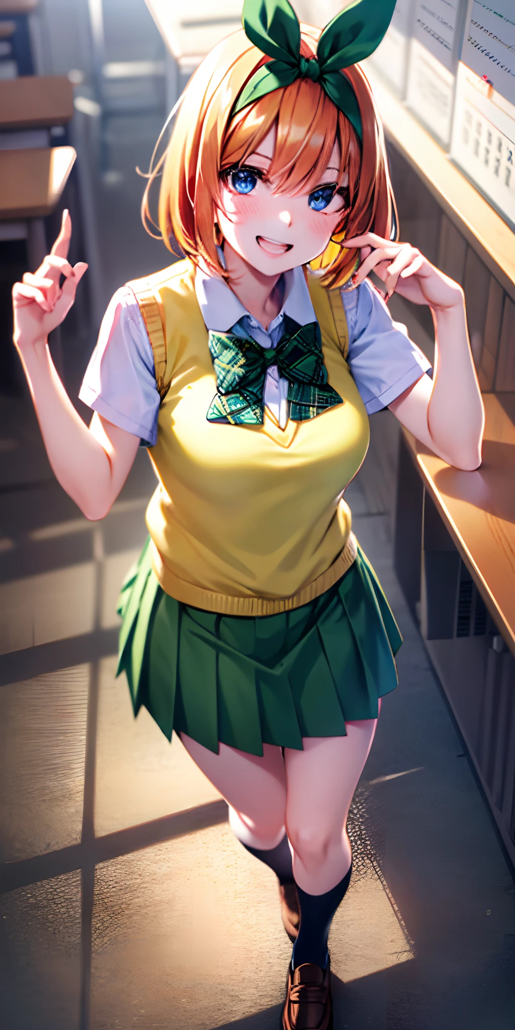 yotsubanakano, yotsuba nakano, bangs, short hair, blue eyes, hair between eyes, hair ribbon, hairband, orange hair, green ribbon,
BREAK skirt, shirt, bow, ribbon, school uniform, white shirt, short sleeves, pleated skirt, shoes, socks, collared shirt, miniskirt, bowtie, black footwear, kneehighs, green skirt, black socks, loafers, green bow, sweater vest, green ribbon, (yellow sweater vest:1.5),
BREAK looking at viewer,
BREAK indoors, classroom,
BREAK ultra-detailed, best quality, high resolution, unity 8k wallpaper, extremely detailed CG, (beautiful detailed eyes:1.6), extremely detailed face, perfect lighting, extremely detailed CG, (perfect hands, perfect anatomy),
happy smile, laugh, grin,white teeth, wide-eyed, dynamic pose, head tilt, from above, looking up at viewer,