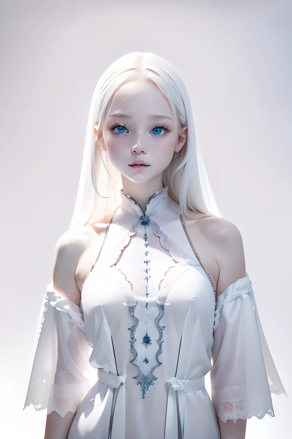 (((White background:1.3)))、Best Quality, masuter piece, High resolution, albino girl、(((1girl in))), sixteen years old,(((eyes are white:1.3)))、robe blanche、((White shirt:1.3、White Block Dress)), Tindall Effect, Realistic, Shadow Studio,Ultramarine Lighting, dual-tone lighting, (High Detail Skins: 1.2)、Pale colored lighting、Dark lighting、 Digital SLR, Photo, High resolution, 4K, 8K, Background blur,Fade out beautifully、a white world、White background