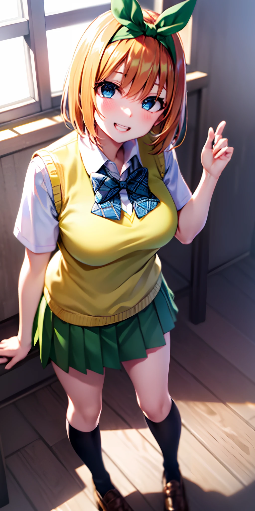 yotsubanakano, yotsuba nakano, bangs, short hair, blue eyes, hair between eyes, hair ribbon, hairband, orange hair, green ribbon,
BREAK skirt, shirt, bow, ribbon, school uniform, white shirt, short sleeves, pleated skirt, shoes, socks, collared shirt, miniskirt, bowtie, black footwear, kneehighs, green skirt, black socks, loafers, green bow, sweater vest, green ribbon, (yellow sweater vest:1.5),
BREAK looking at viewer,
BREAK indoors, classroom,
BREAK ultra-detailed, best quality, high resolution, unity 8k wallpaper, extremely detailed CG, (beautiful detailed eyes:1.6), extremely detailed face, perfect lighting, extremely detailed CG, (perfect hands, perfect ???????),
happy smile, laugh, grin,white teeth, wide-eyed, dynamic pose, head tilt, from above, looking up at viewer,
