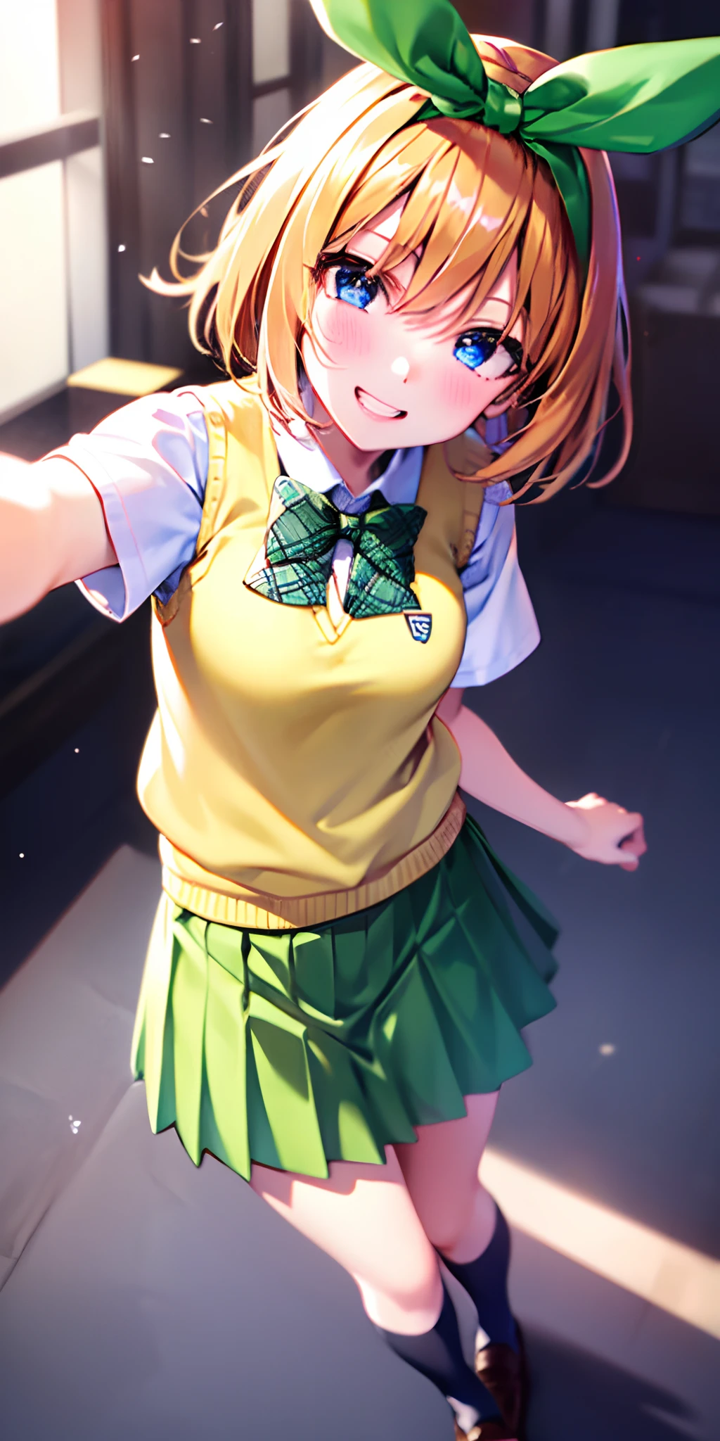 yotsubanakano, yotsuba nakano, bangs, short hair, blue eyes, hair between eyes, hair ribbon, hairband, orange hair, green ribbon,
BREAK skirt, shirt, bow, ribbon, school uniform, white shirt, short sleeves, pleated skirt, shoes, socks, collared shirt, miniskirt, bowtie, black footwear, kneehighs, green skirt, black socks, loafers, green bow, sweater vest, green ribbon, (yellow sweater vest:1.5),
BREAK looking at viewer,
BREAK indoors, classroom,
BREAK ultra-detailed, best quality, high resolution, unity 8k wallpaper, extremely detailed CG, (beautiful detailed eyes:1.6), extremely detailed face, perfect lighting, extremely detailed CG, (perfect hands, perfect anatomy),
happy smile, laugh, grin,white teeth, wide-eyed, dynamic pose, head tilt, from above, looking up at viewer,