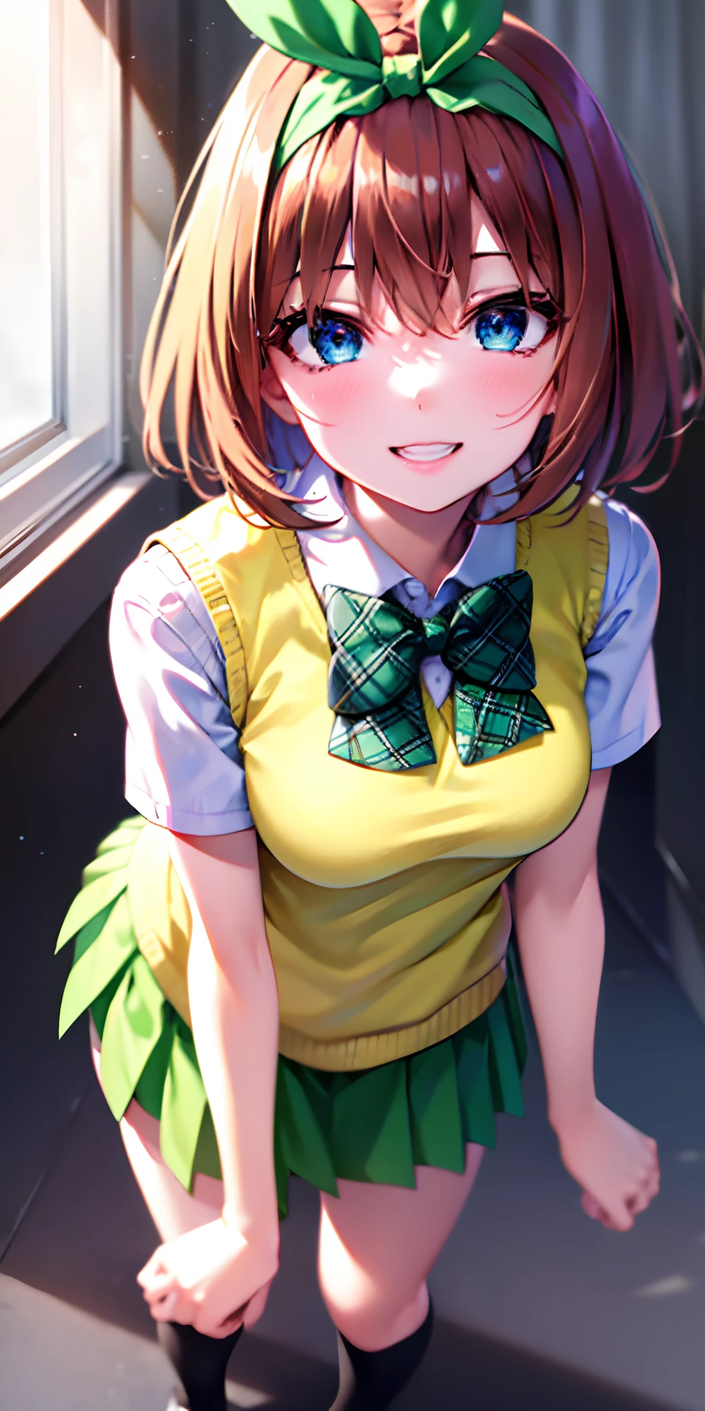 yotsubanakano, yotsuba nakano, bangs, short hair, blue eyes, hair between eyes, hair ribbon, hairband, orange hair, green ribbon,
BREAK skirt, shirt, bow, ribbon, school uniform, white shirt, short sleeves, pleated skirt, shoes, socks, collared shirt, miniskirt, bowtie, black footwear, kneehighs, green skirt, black socks, loafers, green bow, sweater vest, green ribbon, (yellow sweater vest:1.5),
BREAK looking at viewer,
BREAK indoors, classroom,
BREAK ultra-detailed, best quality, high resolution, unity 8k wallpaper, extremely detailed CG, (beautiful detailed eyes:1.6), extremely detailed face, perfect lighting, extremely detailed CG, (perfect hands, perfect anatomy),
happy smile, laugh, grin,white teeth, wide-eyed, dynamic pose, head tilt, from above, looking up at viewer,