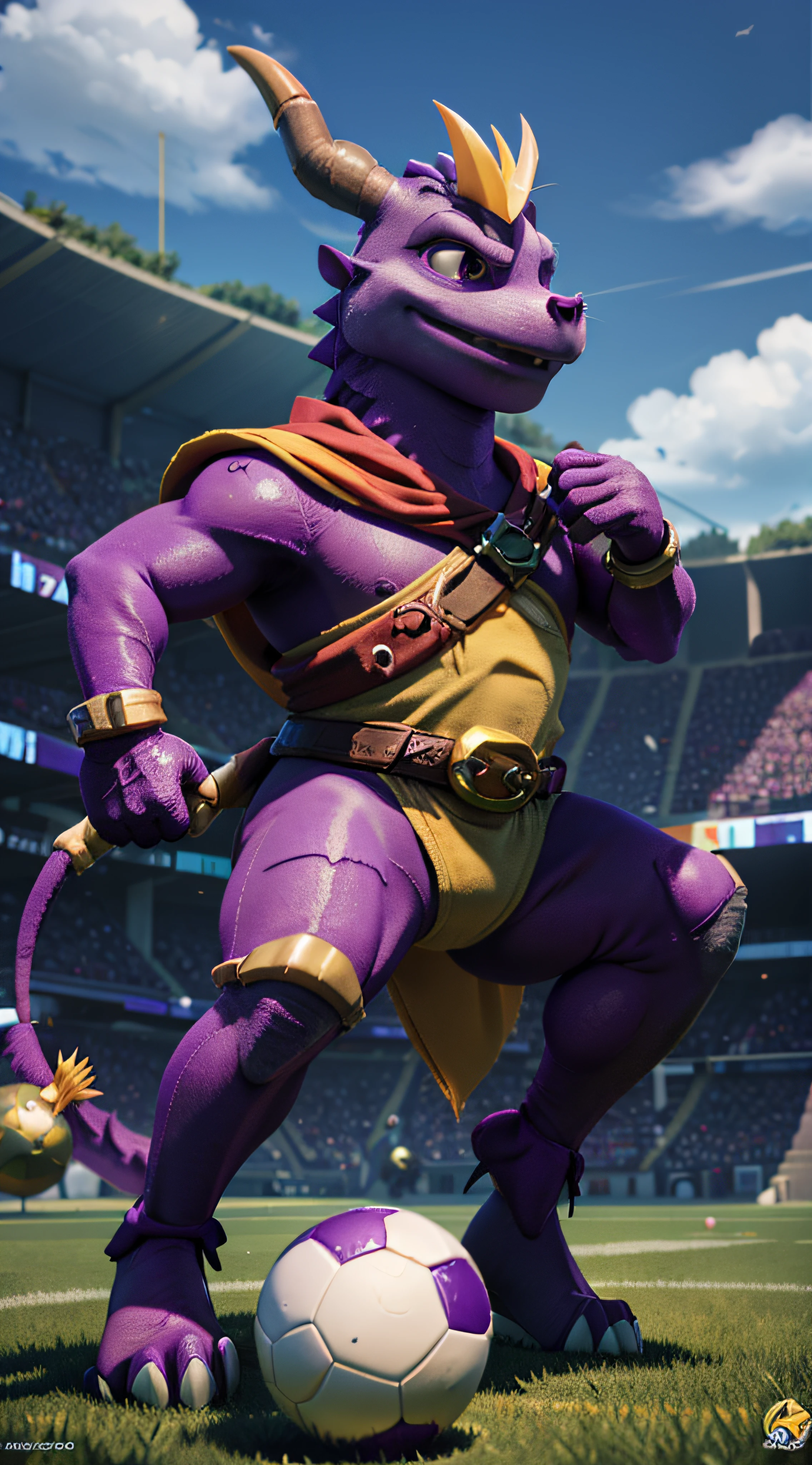 spyro the dragon plays football with a round ball. Best quality, Super detail.