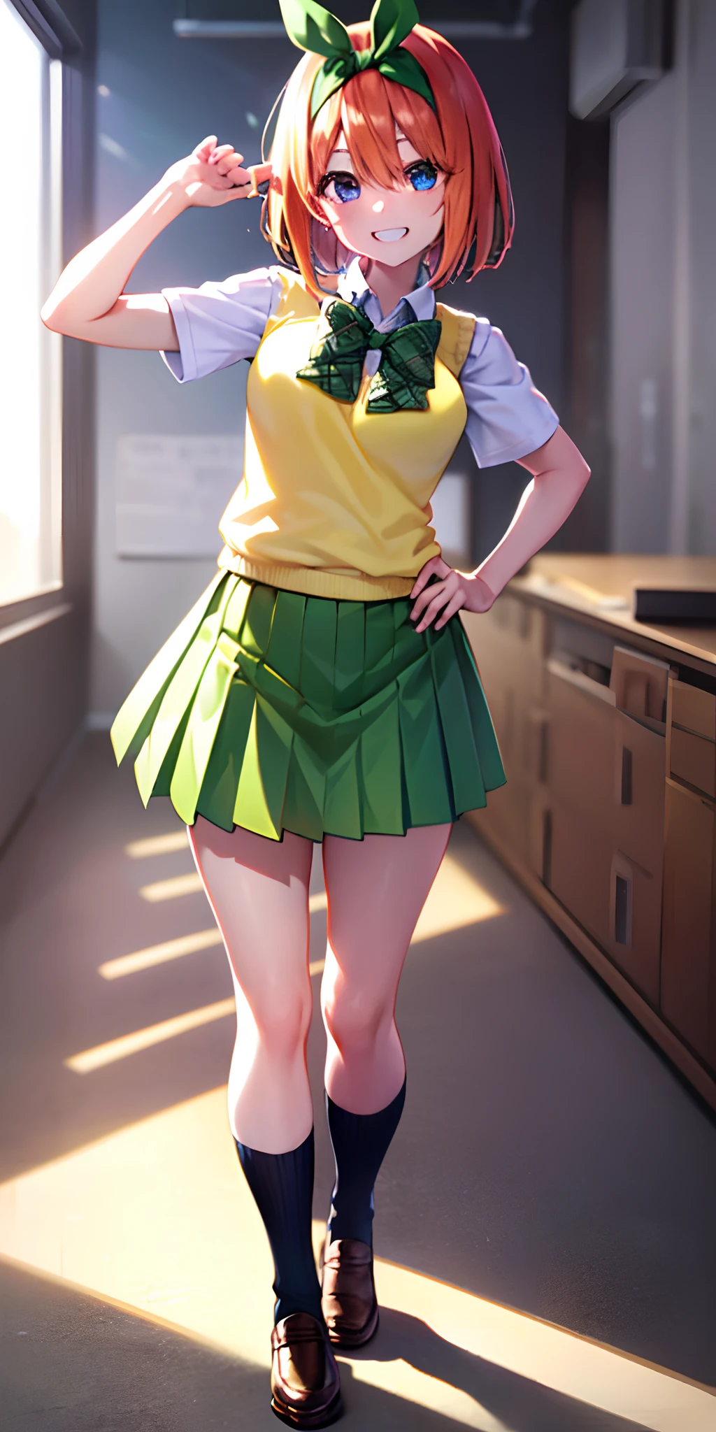 yotsubanakano, yotsuba nakano, bangs, short hair, blue eyes, hair between eyes, hair ribbon, hairband, orange hair, green ribbon,
BREAK skirt, shirt, bow, ribbon, school uniform, white shirt, short sleeves, pleated skirt, shoes, socks, collared shirt, miniskirt, bowtie, black footwear, kneehighs, green skirt, black socks, loafers, green bow, sweater vest, green ribbon, (yellow sweater vest:1.5),
BREAK looking at viewer,
BREAK indoors, classroom,
BREAK ultra-detailed, best quality, high resolution, unity 8k wallpaper, extremely detailed CG, (beautiful detailed eyes:1.6), extremely detailed face, perfect lighting, extremely detailed CG, (perfect hands, perfect ???????),
happy smile, laugh, grin,white teeth, wide-eyed, dynamic pose, head tilt,