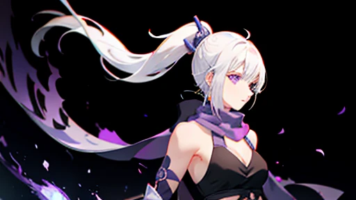 upper body, 1girl, white hair, ponytail, purple eyes, (ninja), short sword, medium breats ,scarf, wallpaper, magic circle background, light particles, blue fire,