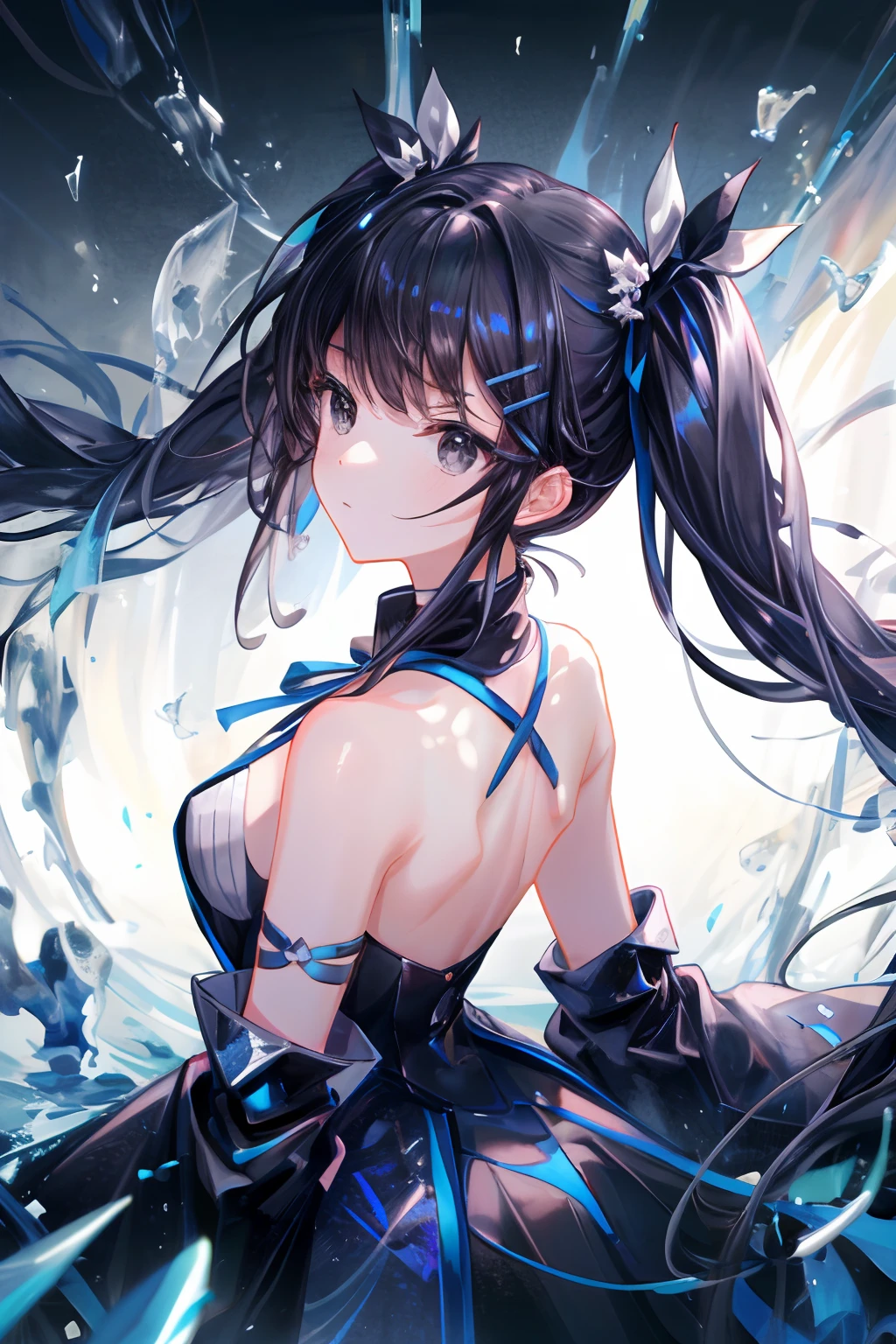 Girl，twintail，black color hair,black eyes，sunback dress，