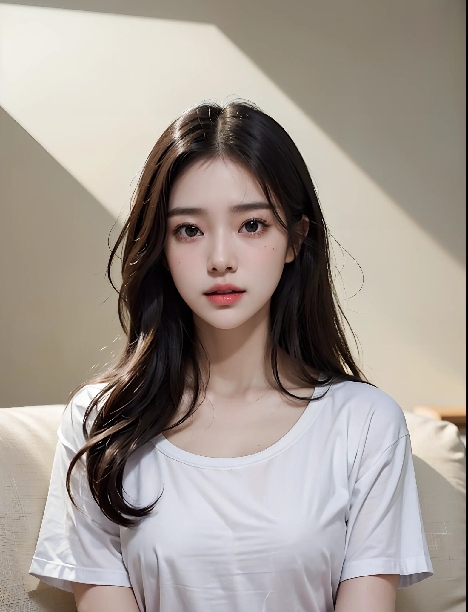 dressed, (photo realistic:1.4), (hyper realistic:1.4), (realistic:1.3),, (smoother lighting:1.05), (increase cinematic lighting quality:0.9), 32K,, 1girl,20yo girl, realistic lighting, backlighting, light on face, ray trace, (brightening light:1.2), (Increase quality:1.4),, (best quality real texture skin:1.4), finely detailed eyes, finely detailed face, finely quality eyes,, (tired and sleepy and satisfied:0.0), face closeup, t-shirts,, (Increase body line mood:1.1), (Increase skin texture beauty:1.1)