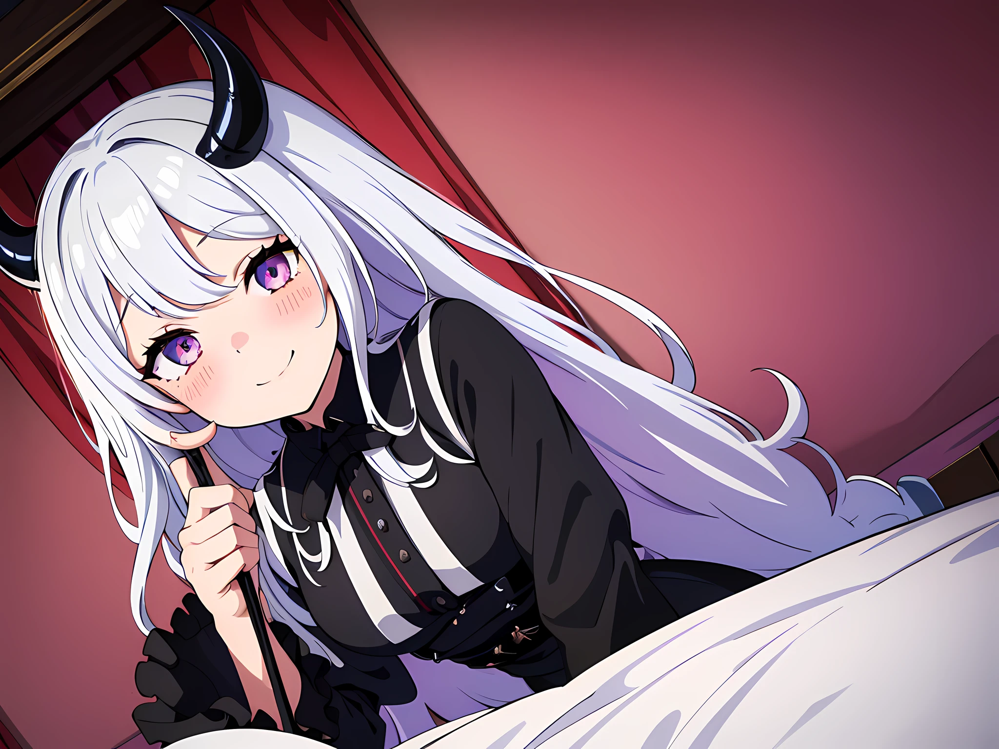 1 girl, demon horns, (beautiful eyes finely detailed, Face to detail, hair color like furina, long hair), wearing black maid outfit with long skirt, sitting on bed, mischievous facial expression, smiling, blush on her face, camera angle from side, full body, masterpiece sidelighting, ​masterpiece, top-quality, detailed, High resolution illustration