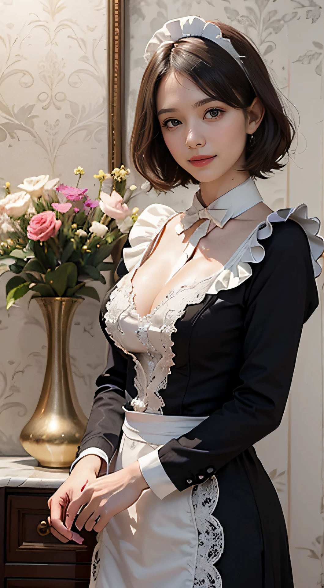 (8k, RAW photo, best quality, masterpiece:1.2), High detail RAW color photo, professional photograph, (cowboy shot,) (realistic, photo realistic:1.37),(luster;1.2), ((best quality)), 1 girl, cinematic light, (finerly detailed face:1.2), (masterpiece:1.5), (best quality:1.2), (smiling:1.2), (looking at viewer:1.2), bowtie, (detailed maid:1.2),(detailed maid costume:1.2),(glossy:1.2) silver short hair,(large breasts:1.4),(silver short bob hairstyle),BREAK background is luxury mansion, inside, indirect lighting, floor lights, (Many beautiful flowers are arranged in luxurious vases, creating a luxurious and luxurious atmosphere., marble floor, decorative wal), BREAK ,William Morris, Arts and Crafts movement, intricate patterns, nature-inspired designs, wallpaper art, textile creations, British heritage