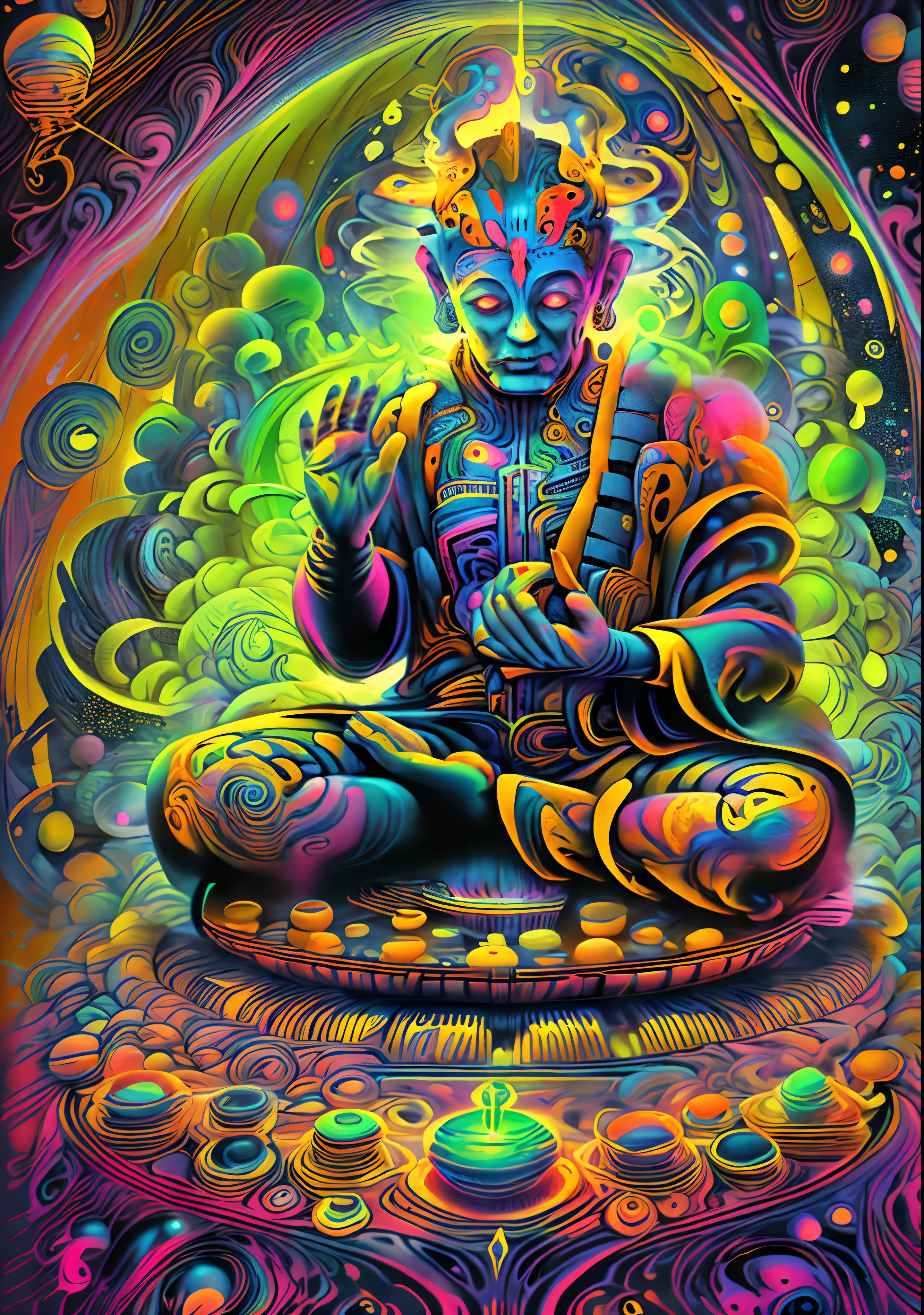 (High resolution, incredibly high detailed, Masterpiece), Portrait of a Buddha with a galaxy-shaped vortex in one hand, Overview of Fractal Geometry in (Vibrant colors:0.8), opposed to a (Contexte galactique:1.2), Rassembler des complexes,Mesmerizing psychedelic shapes and patterns.DMT .