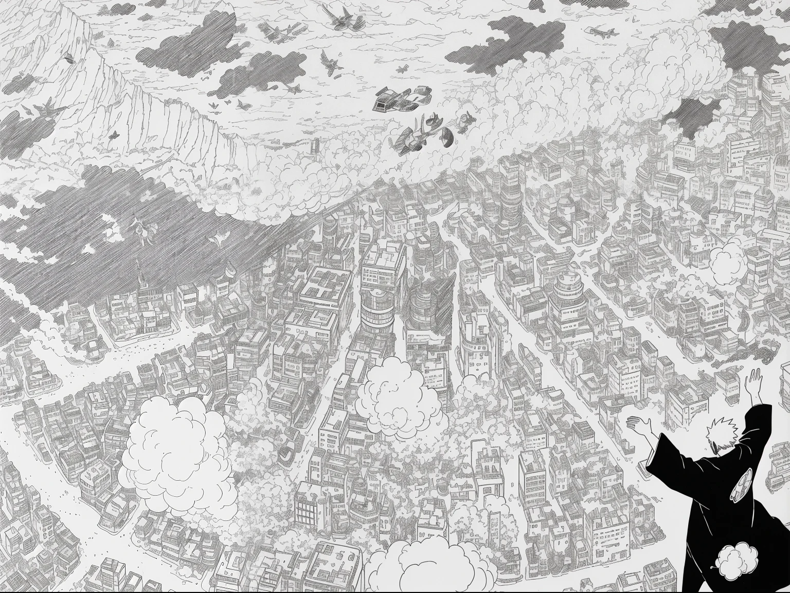 a black and white drawing of a man flying through the air, soaring above a dense city, yoji shinkawa and geof darrow, inspired by Mattias Adolfsson, anime city lineart, posuka demizu, flying over a city, intricate manga drawing, moebius and tsutomu nihei, expansive detailed layered city