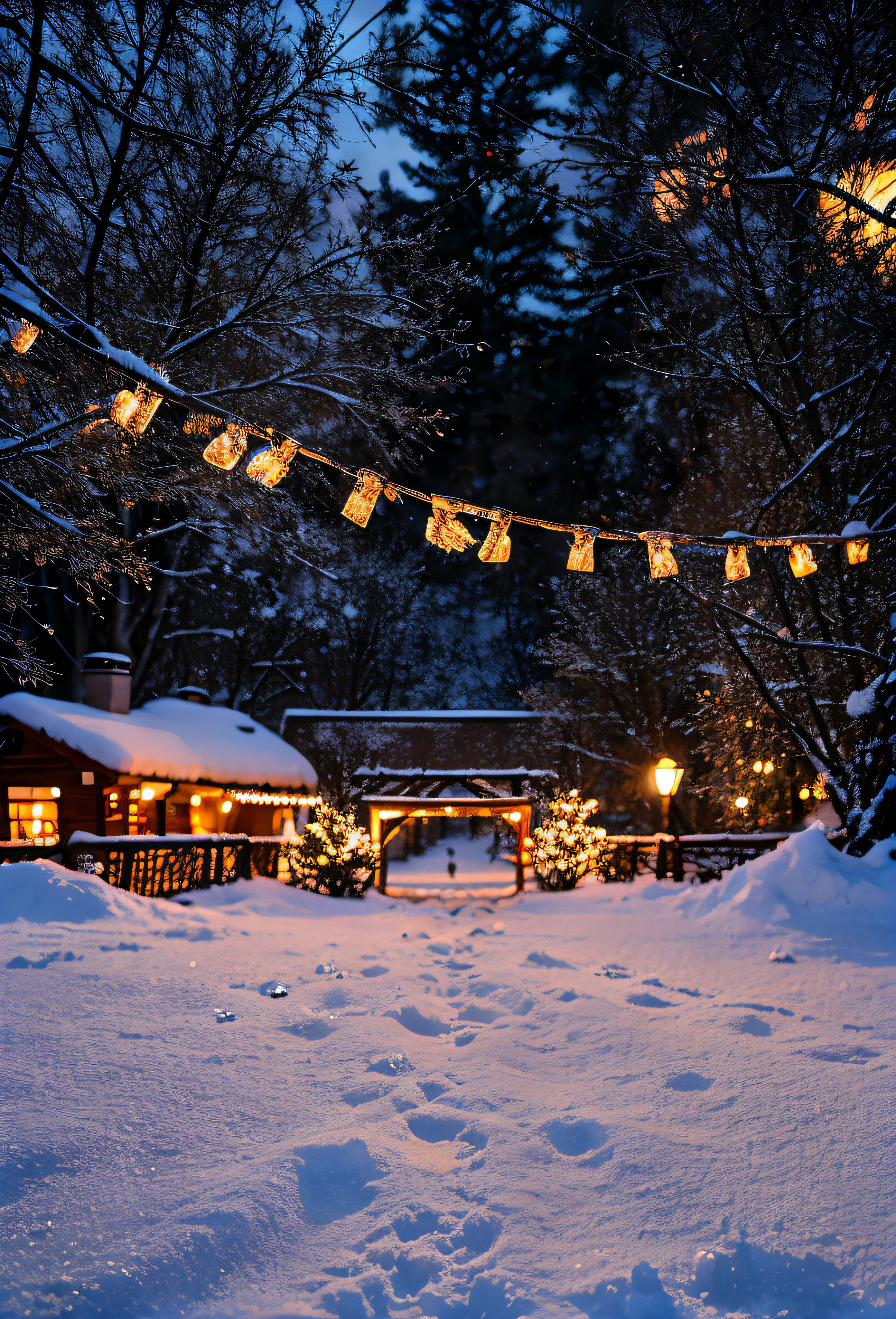 Winter Background Image for Social Media, Warm memories of the upcoming New Year's holiday, Winter mood, Warm light, In the foreground are garlands, Falling snow