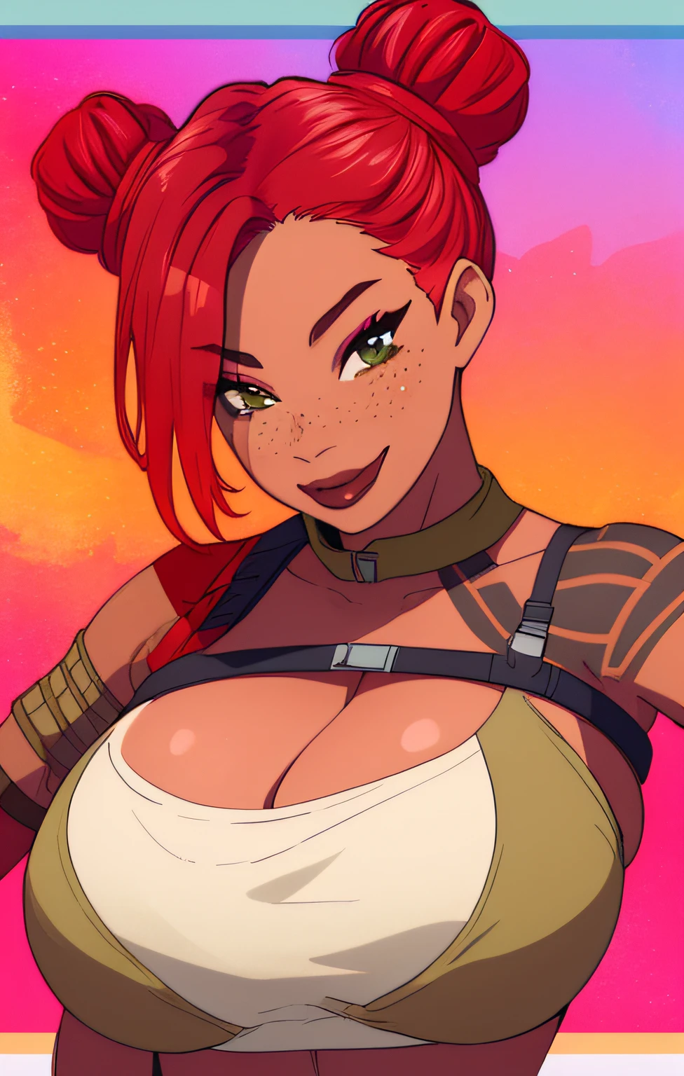 Lifeline, red hair, brown eyes, double bun, looking at viewer, smile, left shoulder tattoo, green crop top, crop top overhang, covered , facing viewer, leaning forward, standing, upper body, huge breasts, cleavage, gigantic breasts, massive breasts, flirty, thick thighs, looking at viewer, seductive, wide hips, flaunting, (insanely detailed, beautiful detailed face, beautiful detailed eyes, masterpiece, best quality)