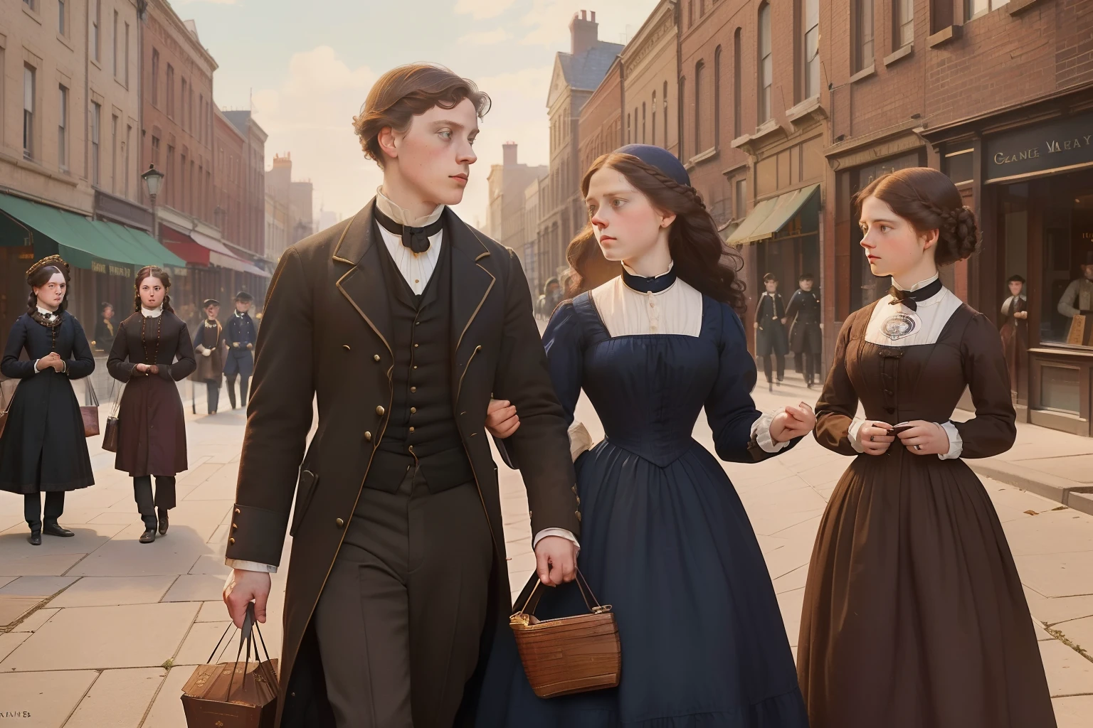 year: 1864. Location: Chicago. Pre-Raphaelite (((21-year-old George MacKay))), with a 24-year-old woman, street full of shops, bags and packages, ((((Clothing from the 1860s)))) ((Hairstyle of the 1860s)), ((("OMITB" cinematography)))