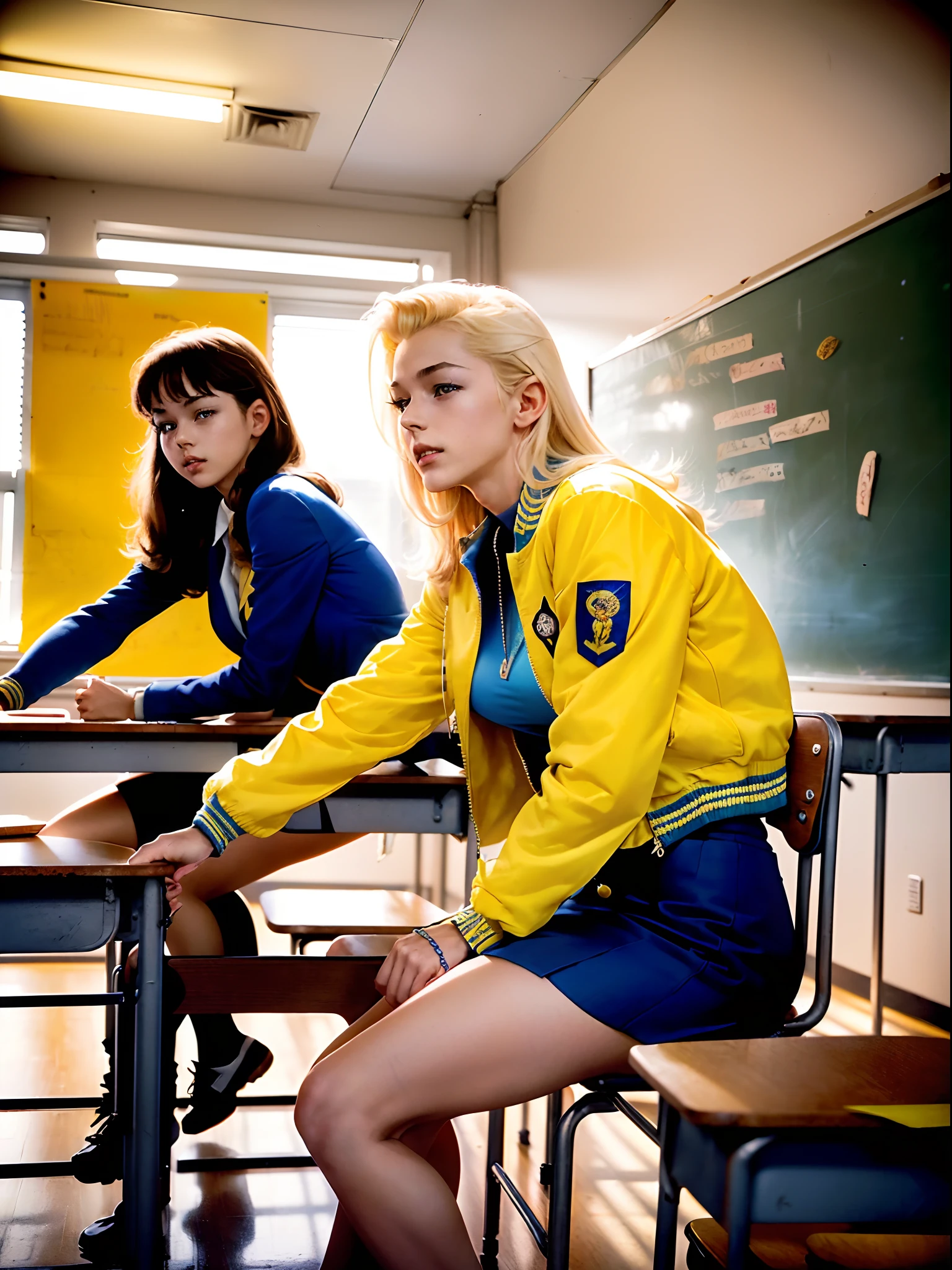 blond student with pompadour, hIGH sCHOOL in the Fifties, lewd atmosphere, male student surrounded by girlfriends, blond student holds a love letter in his hands, ((yellow and blue college jacket with a M on it)), nostalgic colors, cool poses , (((in a classroom in the 50s))), saggy tits, amused face , high school, (nostalgic colors),(((legs spreaded)),(from below: 1.2), 18 years old, 1980s fantasy art, Katsuya terada, ( ( barclay shaw ) ), 80's fantasy art, barry windsor smith, milo manara style, inspired by Patrick Woodroffe, by masamune shirow, absurdres,, add_detail:1