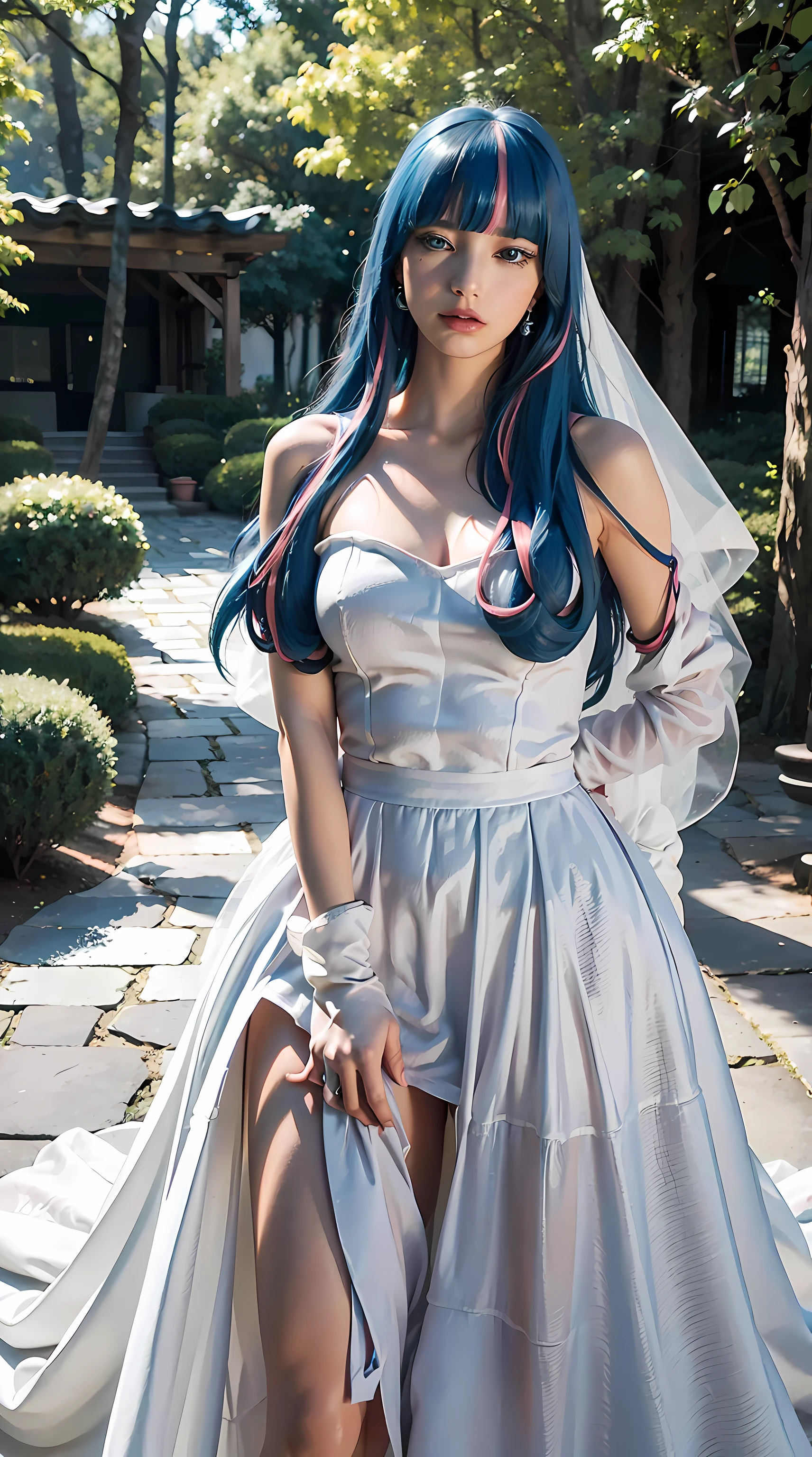 eida, long hair, bangs, blue eyes, very long hair, blue hair, pink hair, multicolored hair, earrings, blunt bangs, two-tone hair, streaked hair, gloves, dress, cleavage, bare shoulders, collarbone, elbow gloves, white gloves, white dress, strapless, tiara, veil, strapless dress, wedding dress, bridal veil, beautiful woman, perfect body, perfect breasts, wearing a wedding dress, ball gown, being in a garden of trees, wedding decorations, looking at the audience, little smile, realism, masterpiece, textured skin, super detail, high detail, high quality, best quality, 1080p, 16k