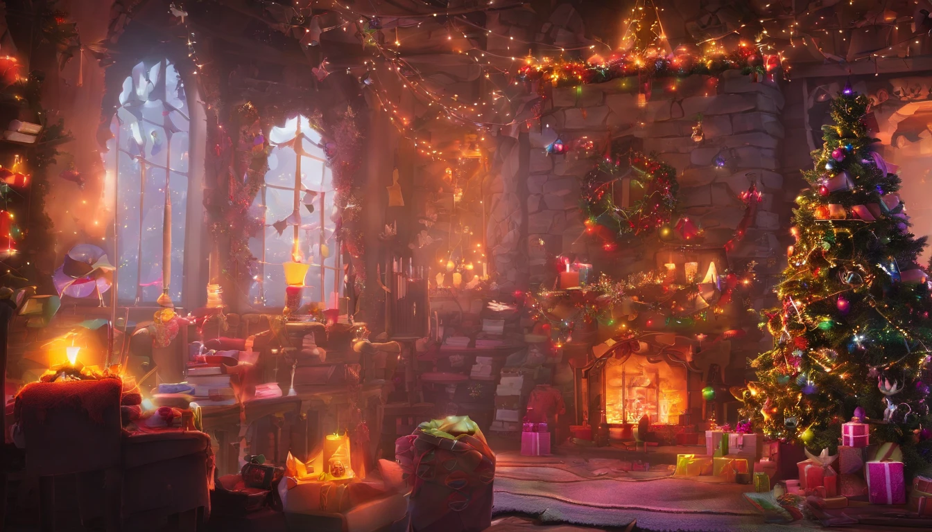 Design a Christmas card，There is a fantastic and fantastical scene on it，Knitting is highlighted, crochet hook, and sewing. Imagine that:

[Front of Christmas card]

[image: dream magical, Fantasy-style scenes]

In a world where dreams come true, A captivating picture unfolds in front of a crackling fireplace. an old sewing machine, Place on the left or right side, Creates a sense of nostalgia and tradition, Blends perfectly with the knitting theme, crochet hook, and sewing.

Beautifully wrapped gift boxes are scattered throughout the scene, Each one is decorated with otherworldly patterns and colors，Glittering like stardust. Some gift boxes display knitting needles, crochet hook, and sewing patterns, Build a strong bond with handicrafts.

Wool and colorful yarns cascade down like a gentle waterfall, Weave an intricate tapestry of magic，Blanket the room. These threads are actively used in production, Create a paradise for the dreams of craftsmen. Soft fairy lights fill the space with a dreamlike glow, A place where holiday wishes fly.

hanging from the ceiling，Decorative mantelpiece, Wreaths are woven with magic gadgets and elven bells，Adds an extra layer of magic to the environment, Make this Christmas a truly fantastic and cunning adventure.

[Your heartfelt Christmas greetings are here]

Make sure the tone stays warm, Inviting, And full of the magic of making and dreaming. Thank you for creating this fantastical scenario