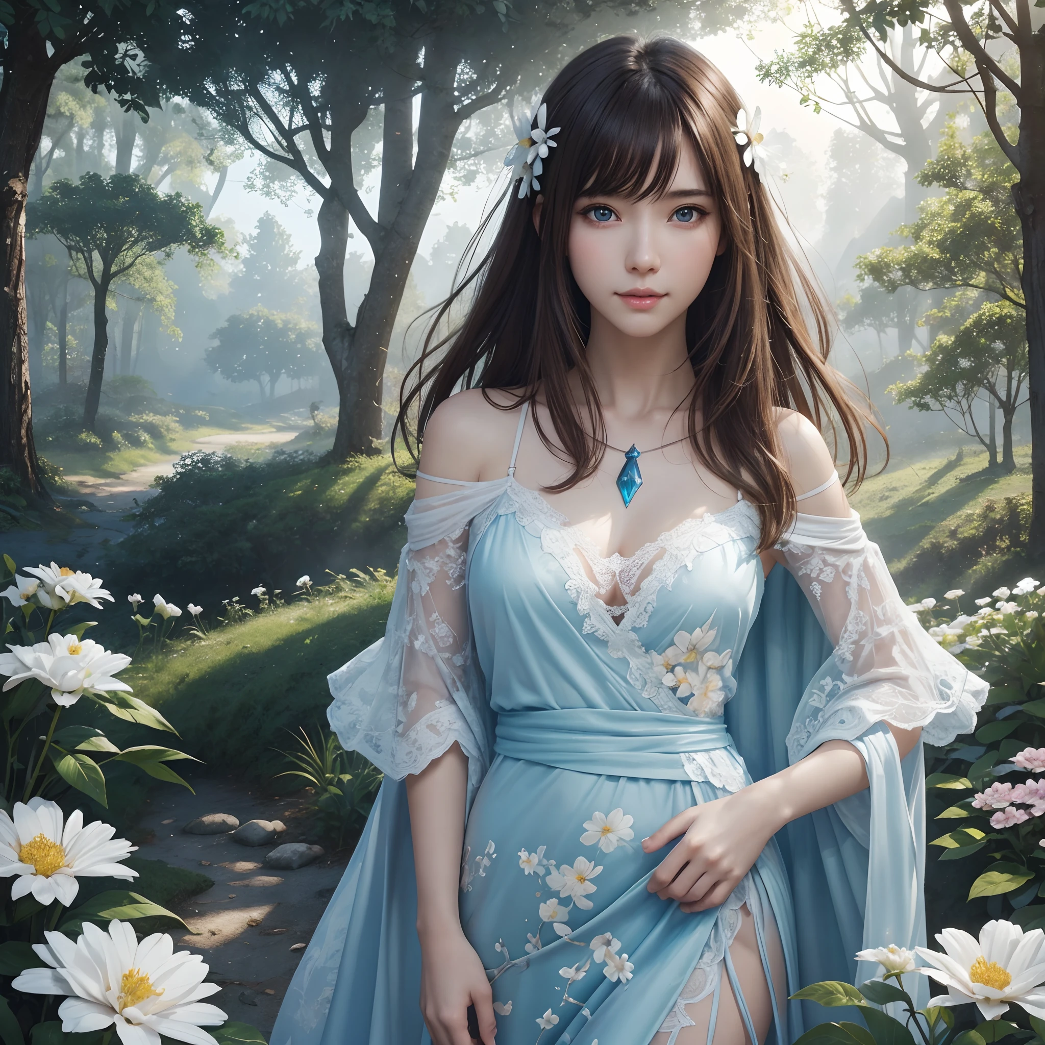 hightquality、8K Ultra HD、fullllbody、One -yeld wo、Gentle smile、Diagonal direction、robe blanche、light brown hair、Blue eyes、(Lovely healing forest and flower field in the background)、cute little、Beautiful fece、portlate、Antique architecture、Idyllic forest、art by:Alberto Seveso、Symmetrical、Abstract art style、Complex and intricate watercolor painting 、digitial painting、concept-art、Volumetric lighting、TanvirTamim、metal reflective、2d render、8K。 by artgerm、Trending on ArtStation