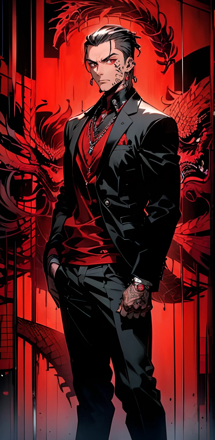 (Dramatic, grittiness, Intense:1.4),Masterpiece, Best quality, 32k ULTRAHD, insanely details, Intricate details, ultra - detailed, hyper qualit, High detail, Ultra detailed, Masterpiece,
Red and black red background red theme Simple background
1 Boy solo male focus(hair slicked back:1.4)Brunette with loose mouth
Jewelry, arm tattoo, tattoo necklace, hand pierced in pocket(Jacket:1.5), Fitness model