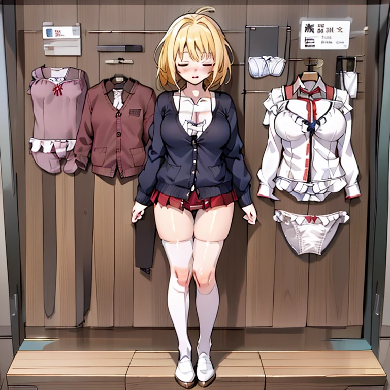 cardigan, micro miniskirt, 1girl, solo, hyohon, design sheet, masterpiece, best quality, highres, big breast, (closed eyes:1.2), exposed (laced frilly white underwear:1.3), (torn clothes, underwear:1.3), full body, standing