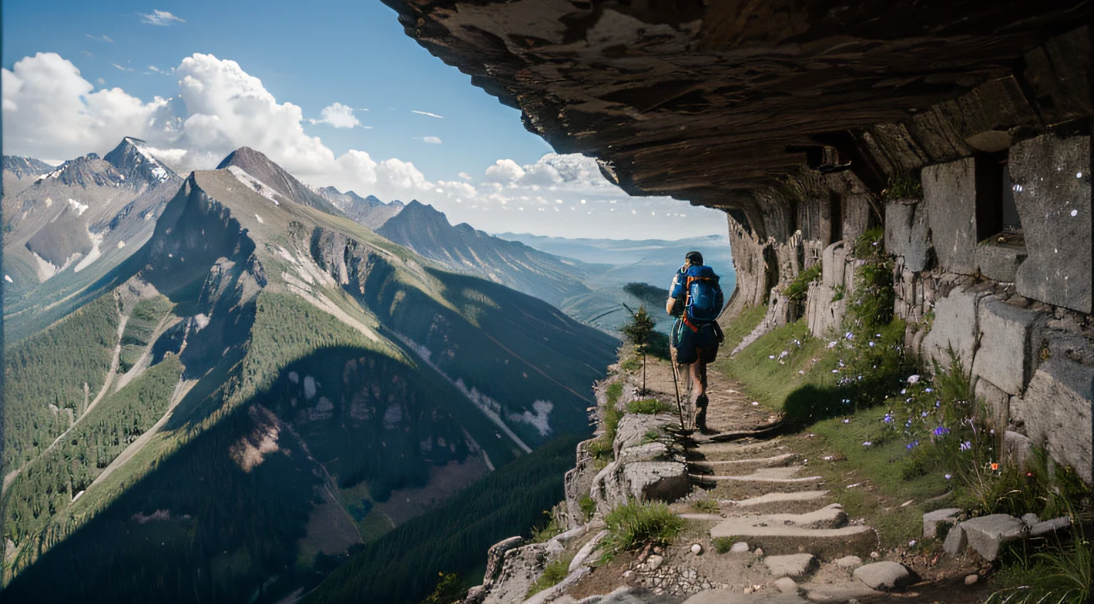 A bird's-eye view reveals a lone hiker's relentless climb up a steep mountain path, mirroring our ability to persevere and surmount life's challenges, much like the towering mountains that surround them.