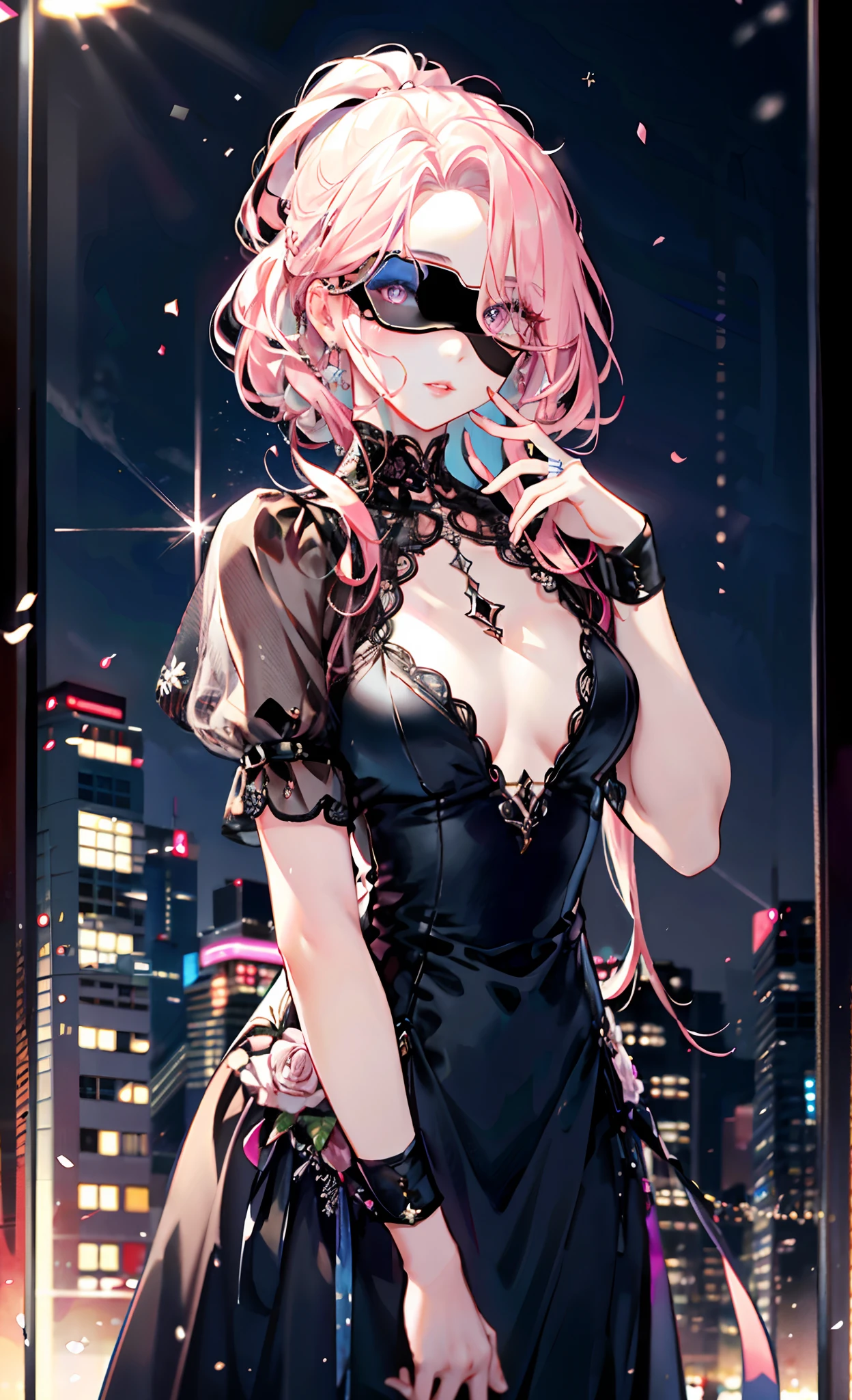 (Full head:1.9),In-depth depiction of the face,1 Lady,a matural female,Black Dress Long Dress,Pink White Long Hair,Night,Prom Background, face perfect, perfect hand, Perfect Finger, Perfect lips, perfect eyes, Perfect background、Perfect Anatomy、