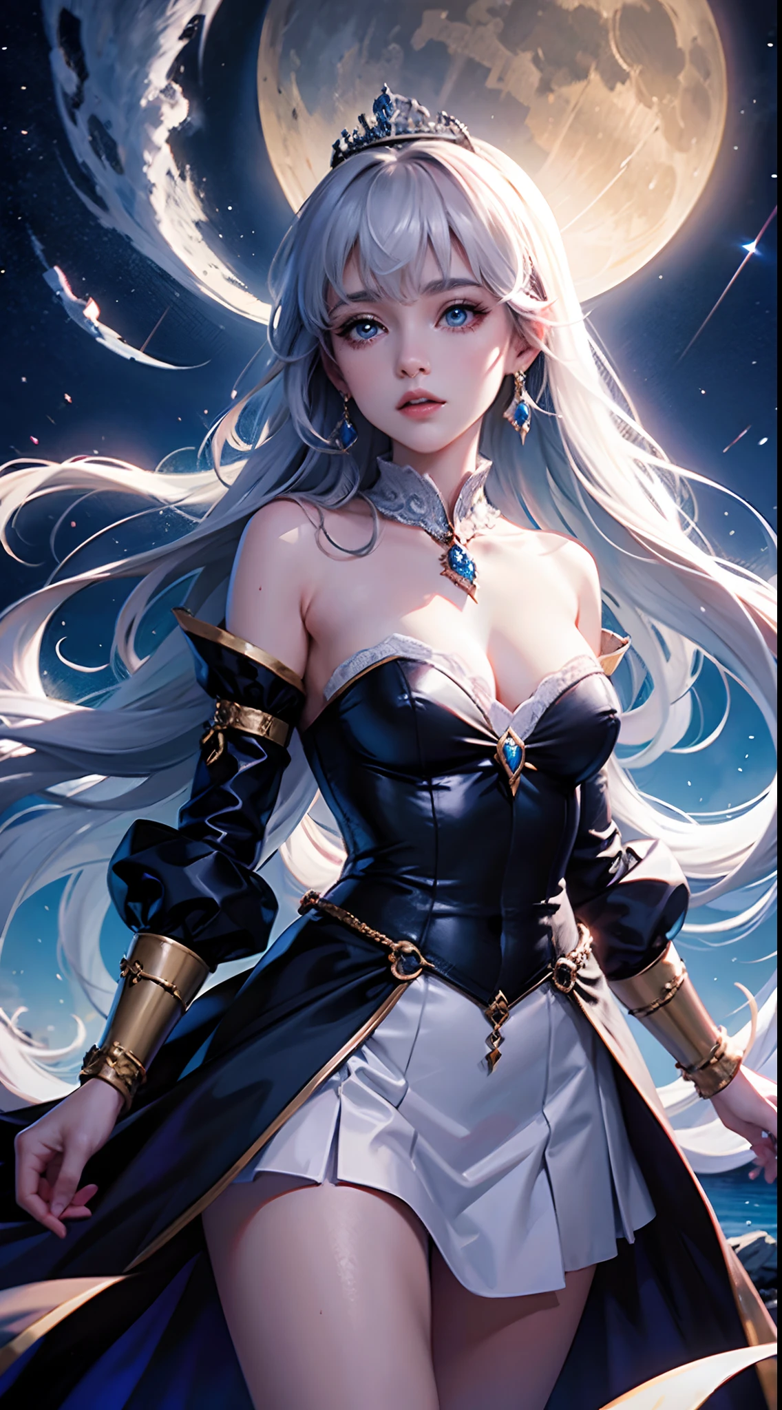 (masterpiece, best quality:1.2), cowboy shot, solo, 1girl, carla cromwell, evil smile, looking at viewer, crossed arms, circlet, dress, center opening, pantyhose, armlet, bracelet, belt, cleavage, large breasts 